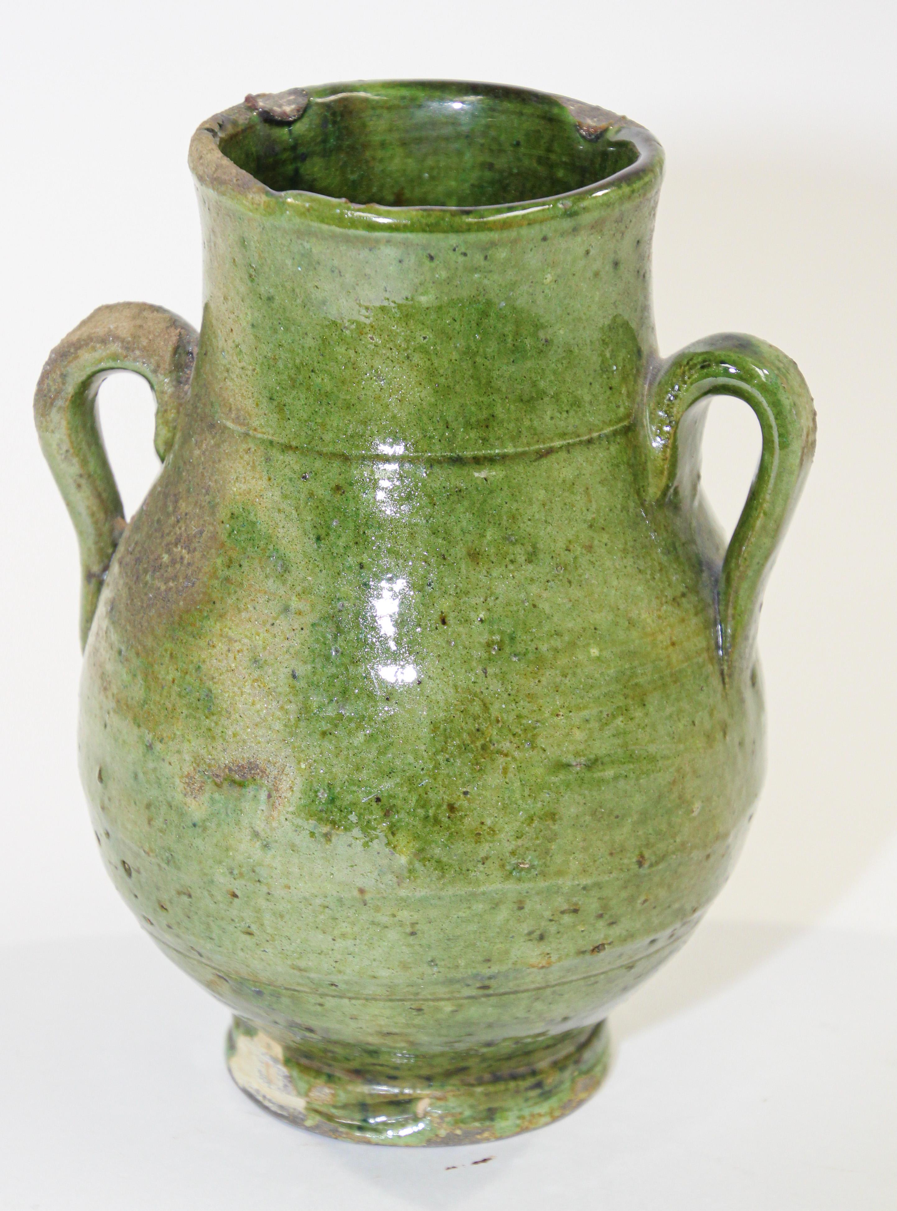 20th Century Moroccan Tribal Green Glazed Terracotta Ceramic Jar