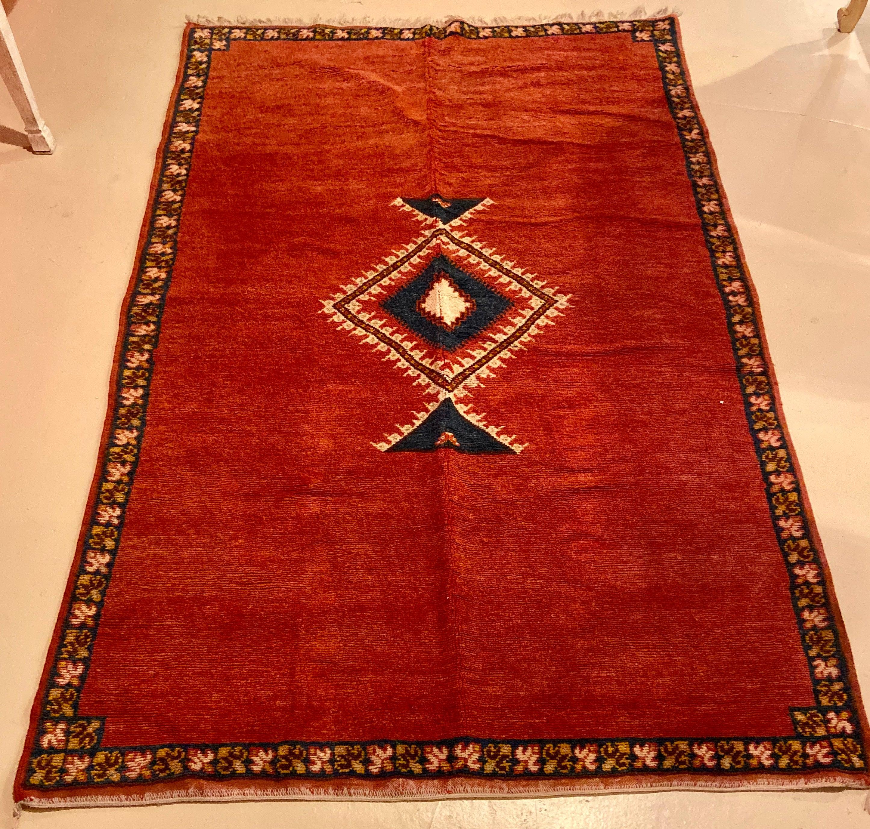 Moorish Moroccan Tribal Handwoven Rug or Carpet Wool with Blue Diamond on Red Background