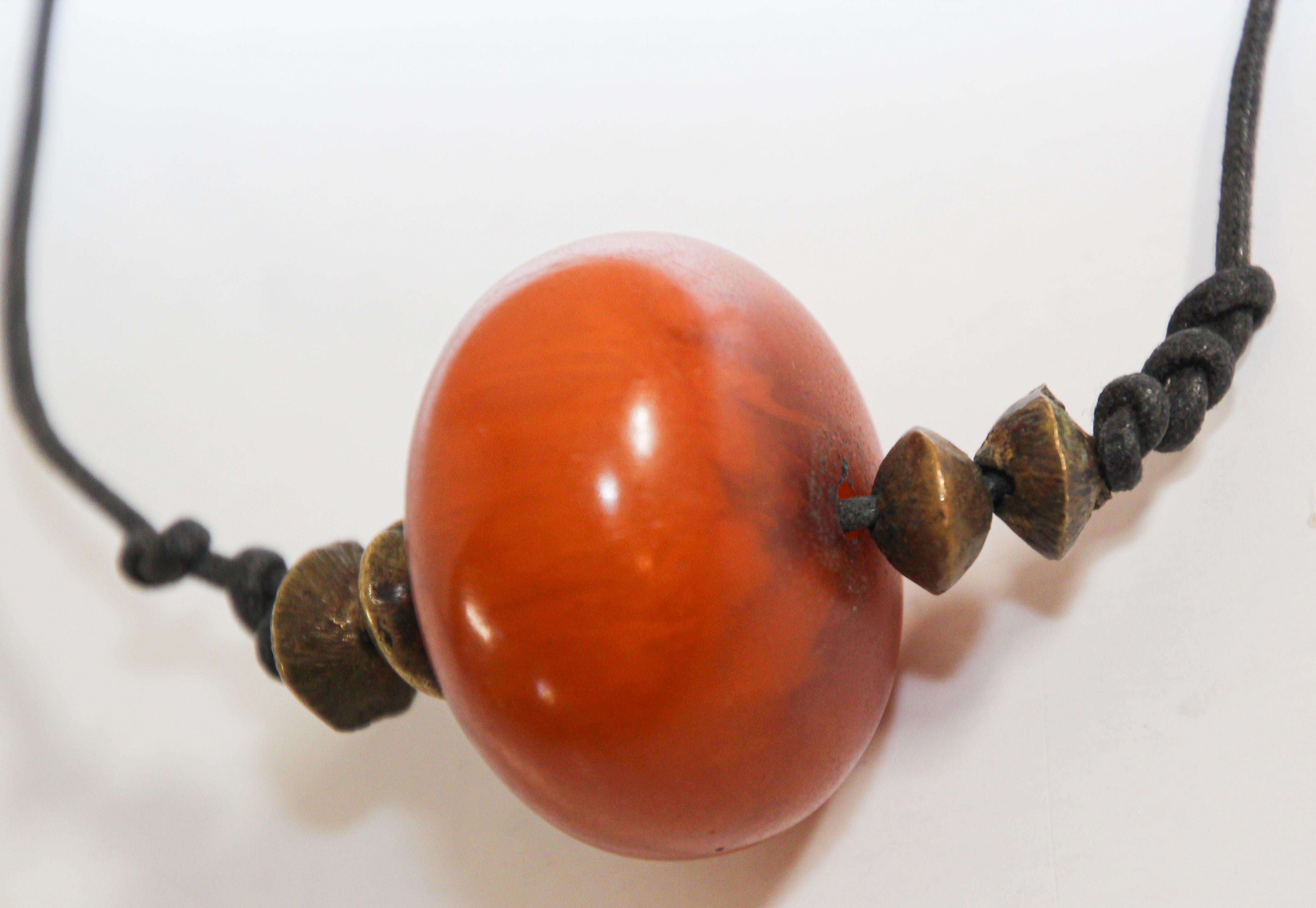 Folk Art Moroccan Tribal Necklace with One Large Amber Resin Bead