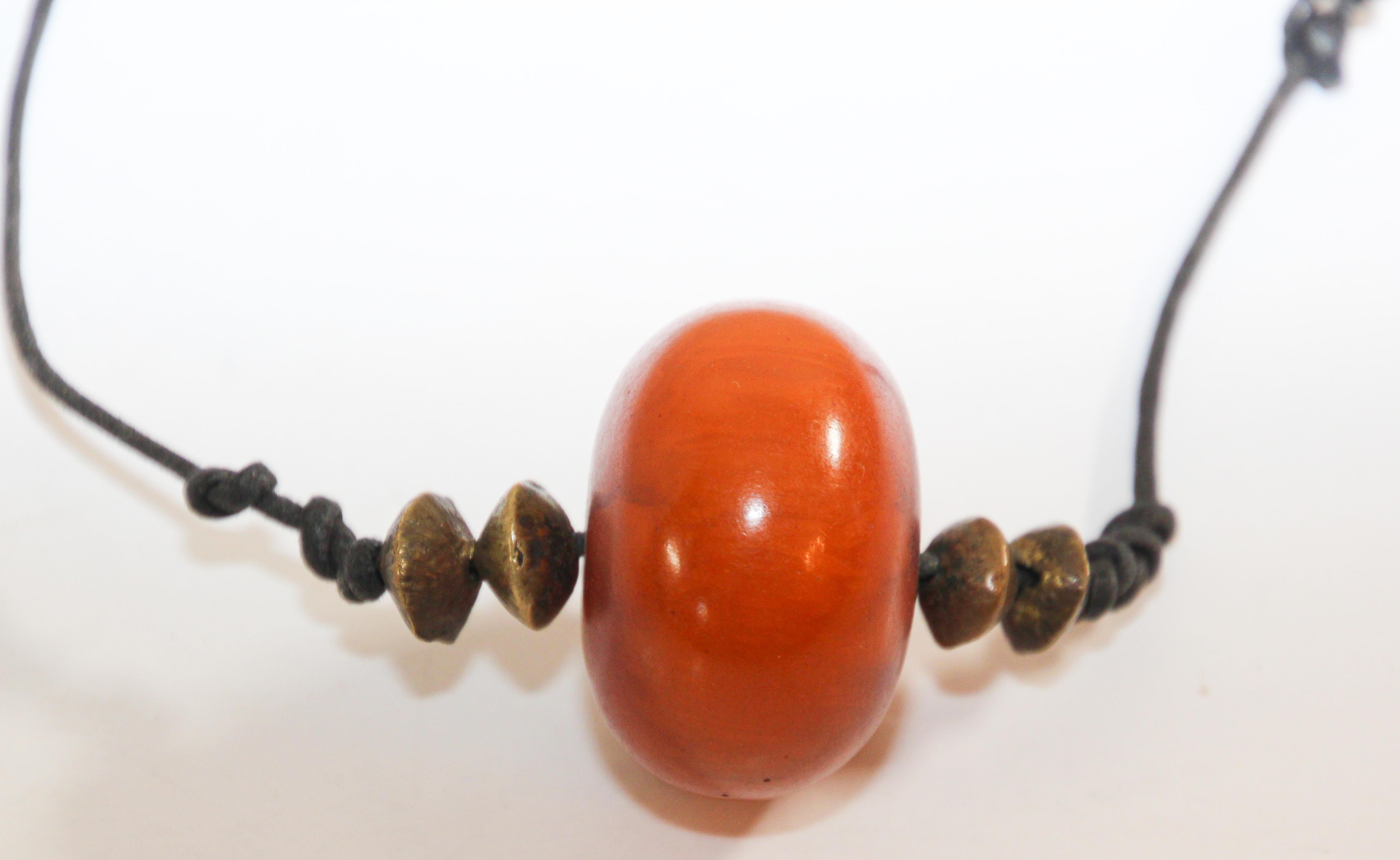 Hand-Crafted Moroccan Tribal Necklace with One Large Amber Resin Bead