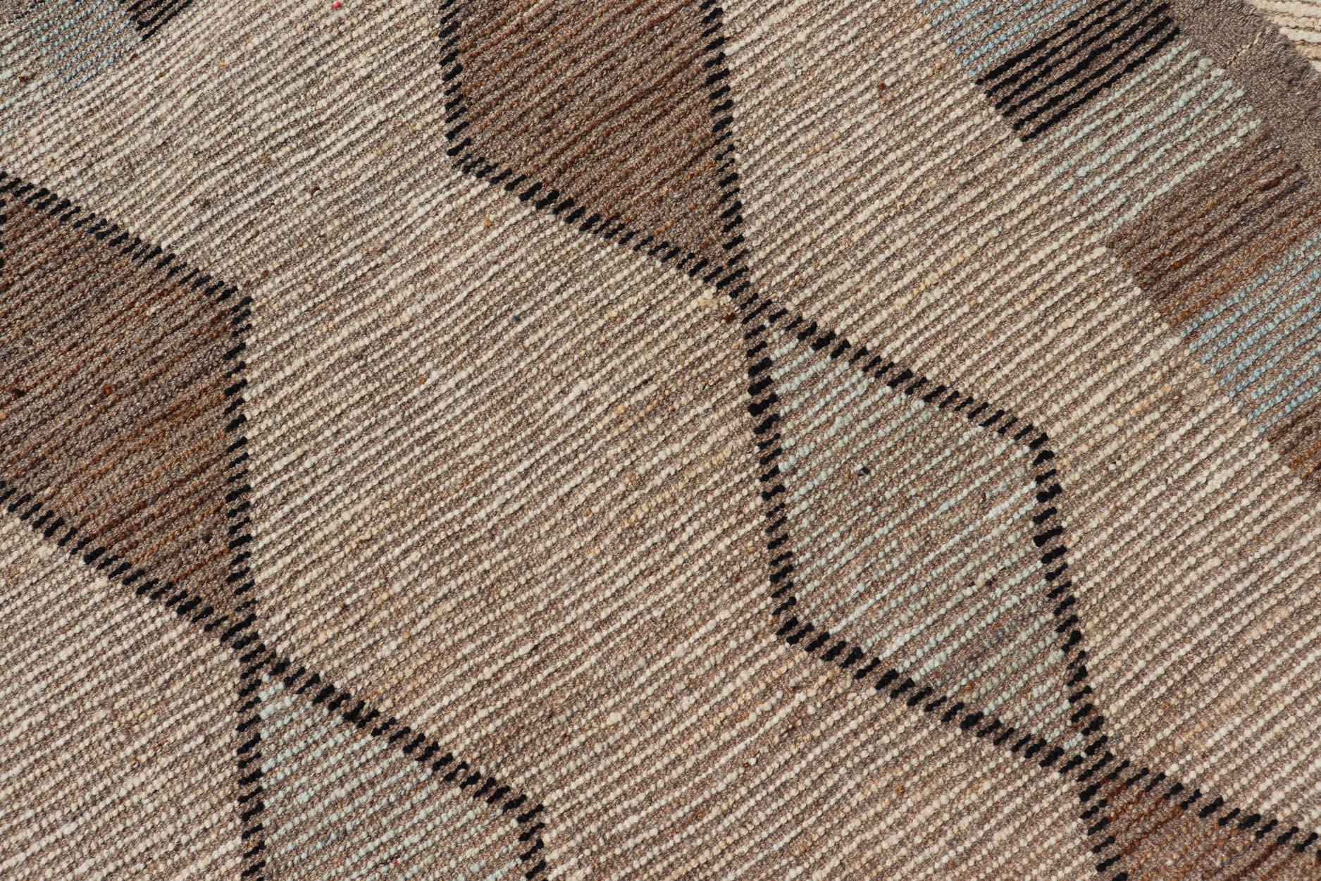 Lana Runner tribale marocchino con design geometrico nei toni del marrone e del blu freddo. in vendita
