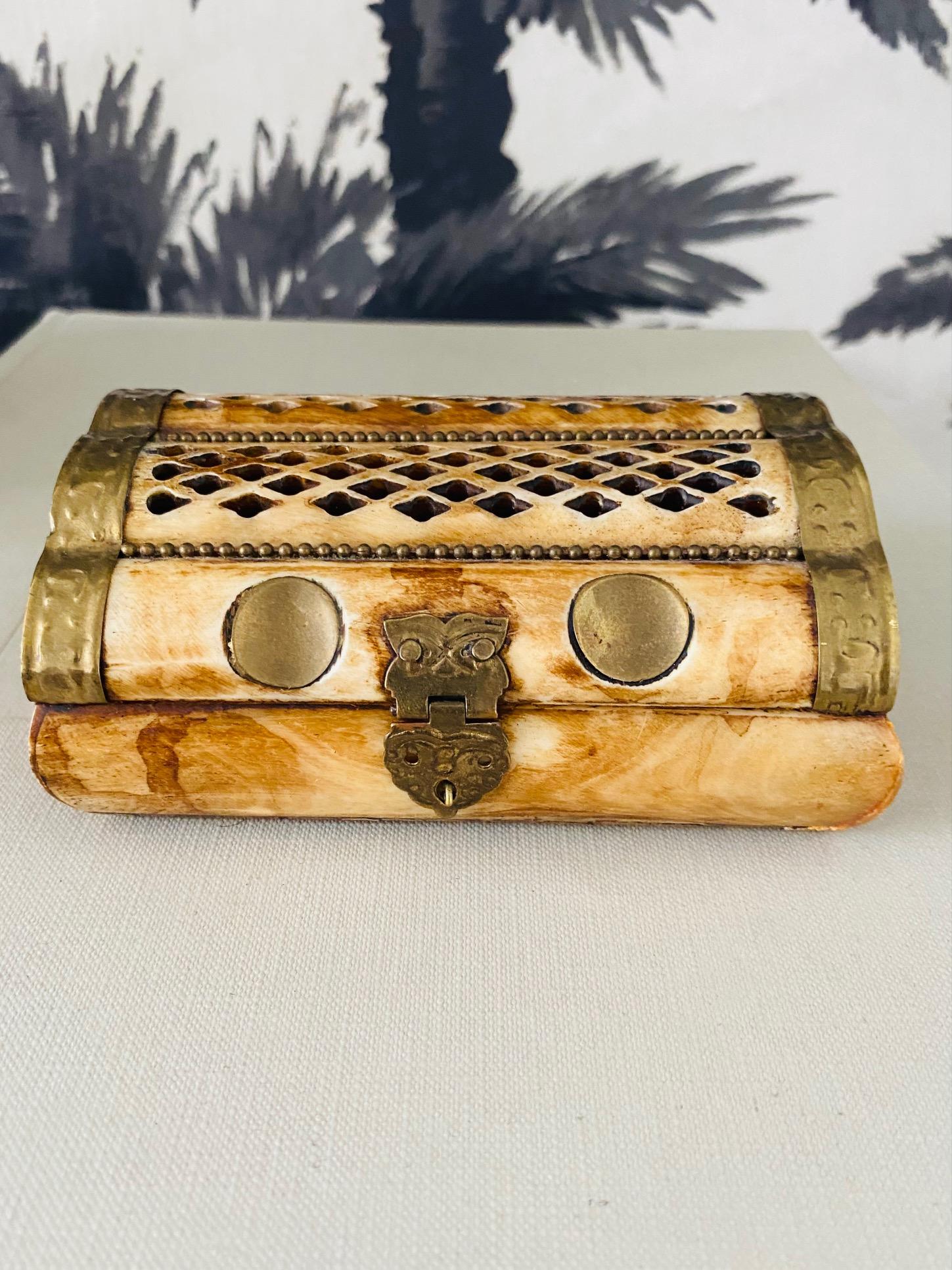 Exotic handcrafted trinket box made of bone with hammered brass accents. The top of the box features Moorish style piercings, circular brass insets, and brass chain beading along the rows of bone. Fitted with brass decorative latch and hinges and