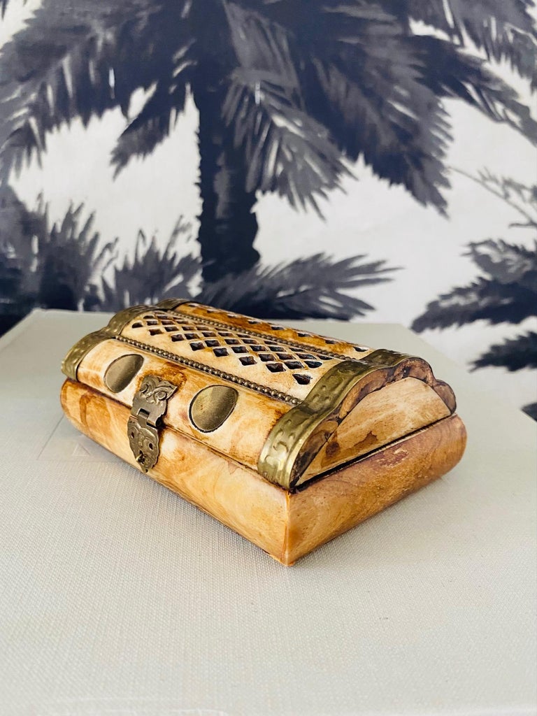 Moorish Moroccan Trinket Box in Bone and Hammered Brass, c. 1960's For Sale