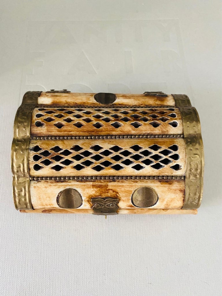 Hand-Carved Moroccan Trinket Box in Bone and Hammered Brass, c. 1960's For Sale