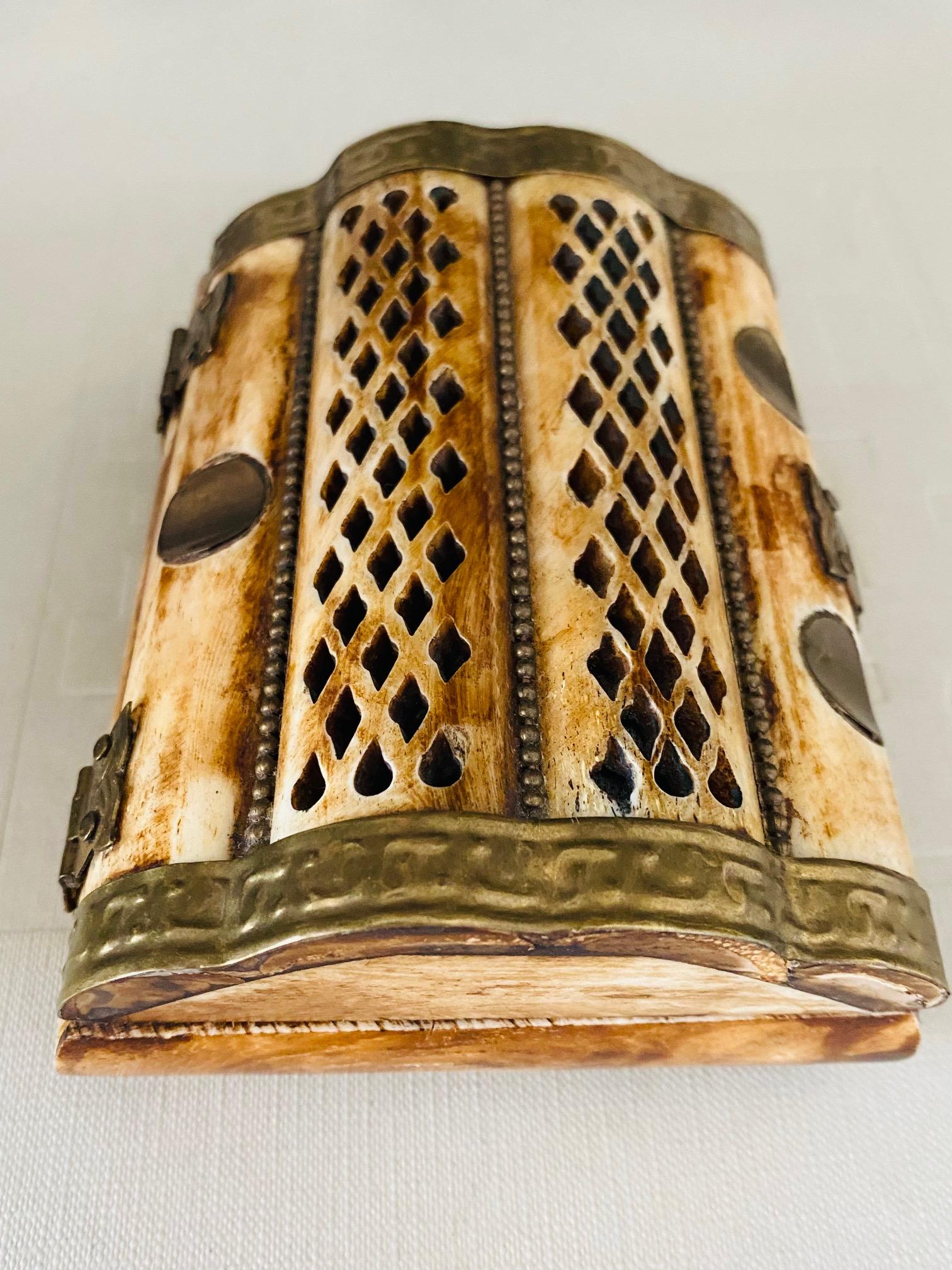 Hand-Carved Moroccan Trinket Box in Bone and Hammered Brass, c. 1960's