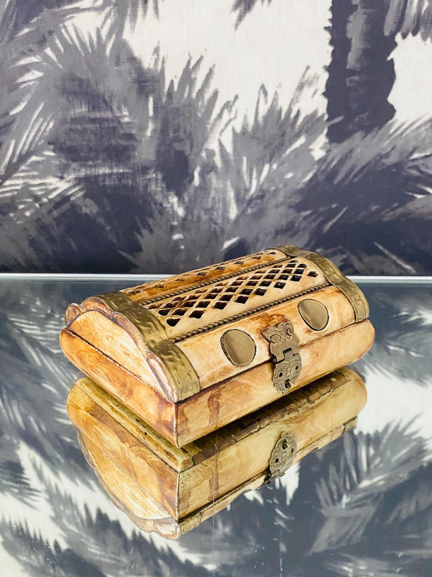 Mid-20th Century Moroccan Trinket Box in Bone and Hammered Brass, c. 1960's