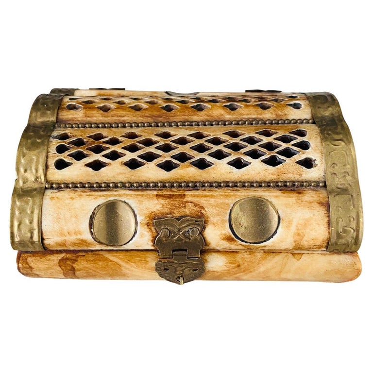 Moroccan Trinket Box in Bone and Hammered Brass, c. 1960's For Sale