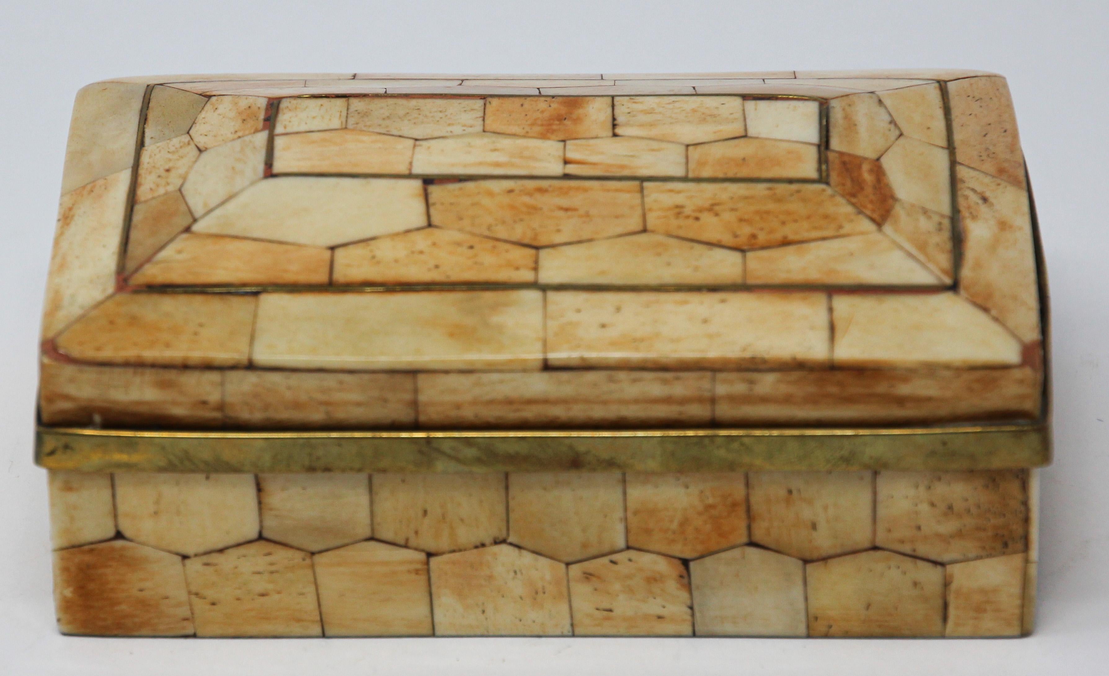 Moorish Moroccan Trinket Box Inlaid with Bone and Brass