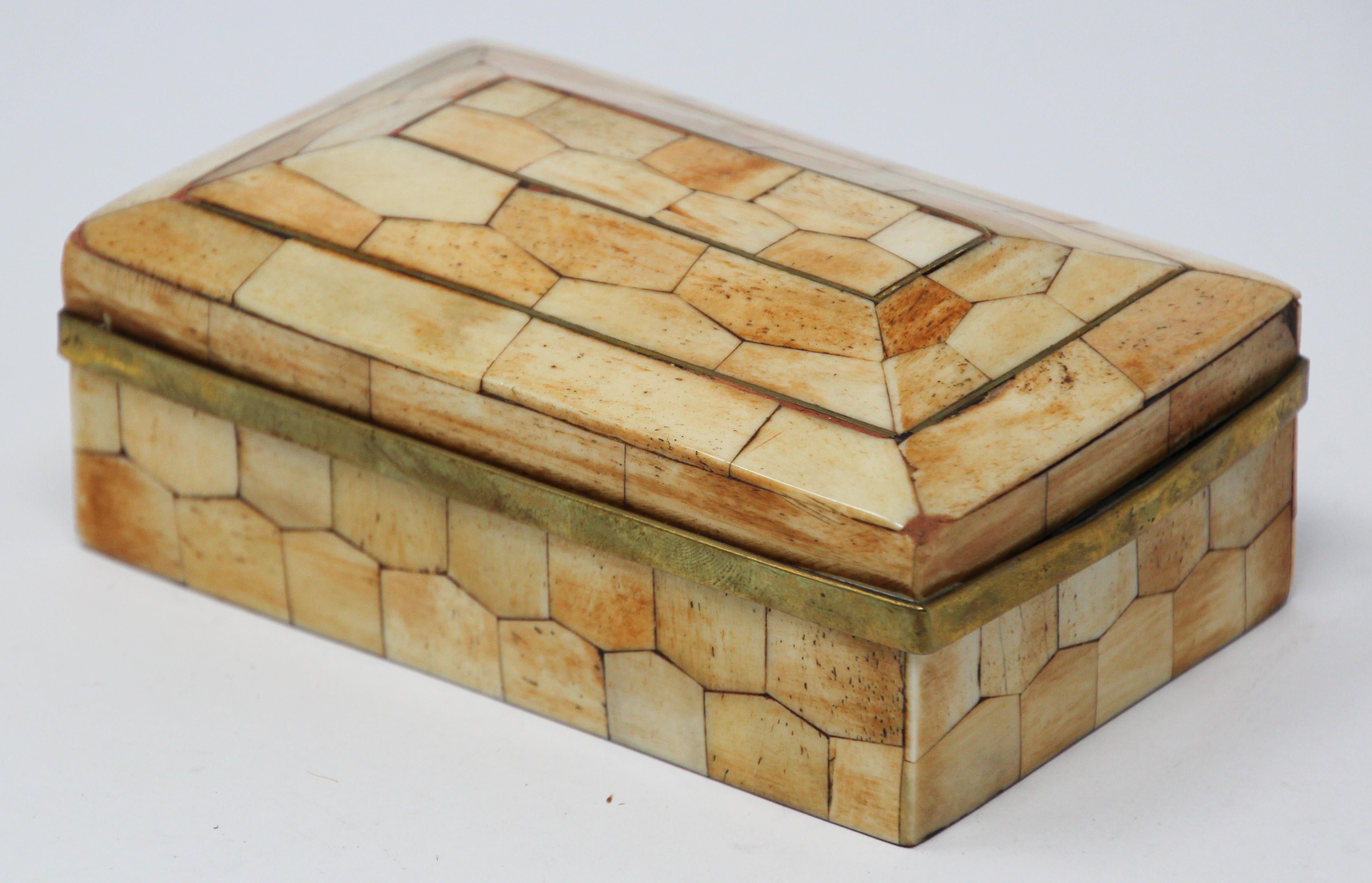 Hand-Carved Moroccan Trinket Box Inlaid with Bone and Brass
