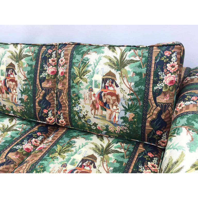 One of a kind sleeper sofa upholstered in a Moroccan themed print featuring elephants, palms, and flowers. Very good vintage condition with very minimal signs of wear. Undersides of cushions show wear.
Seat depth is 20.5