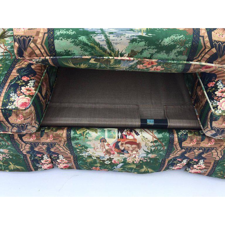 One of a kind sleeper sofa upholstered in a Moroccan themed print featuring elephants, palms, and flowers. Very good vintage condition with minimal signs of wear. Underside of cushions show wear.
Dimensions: 80.5