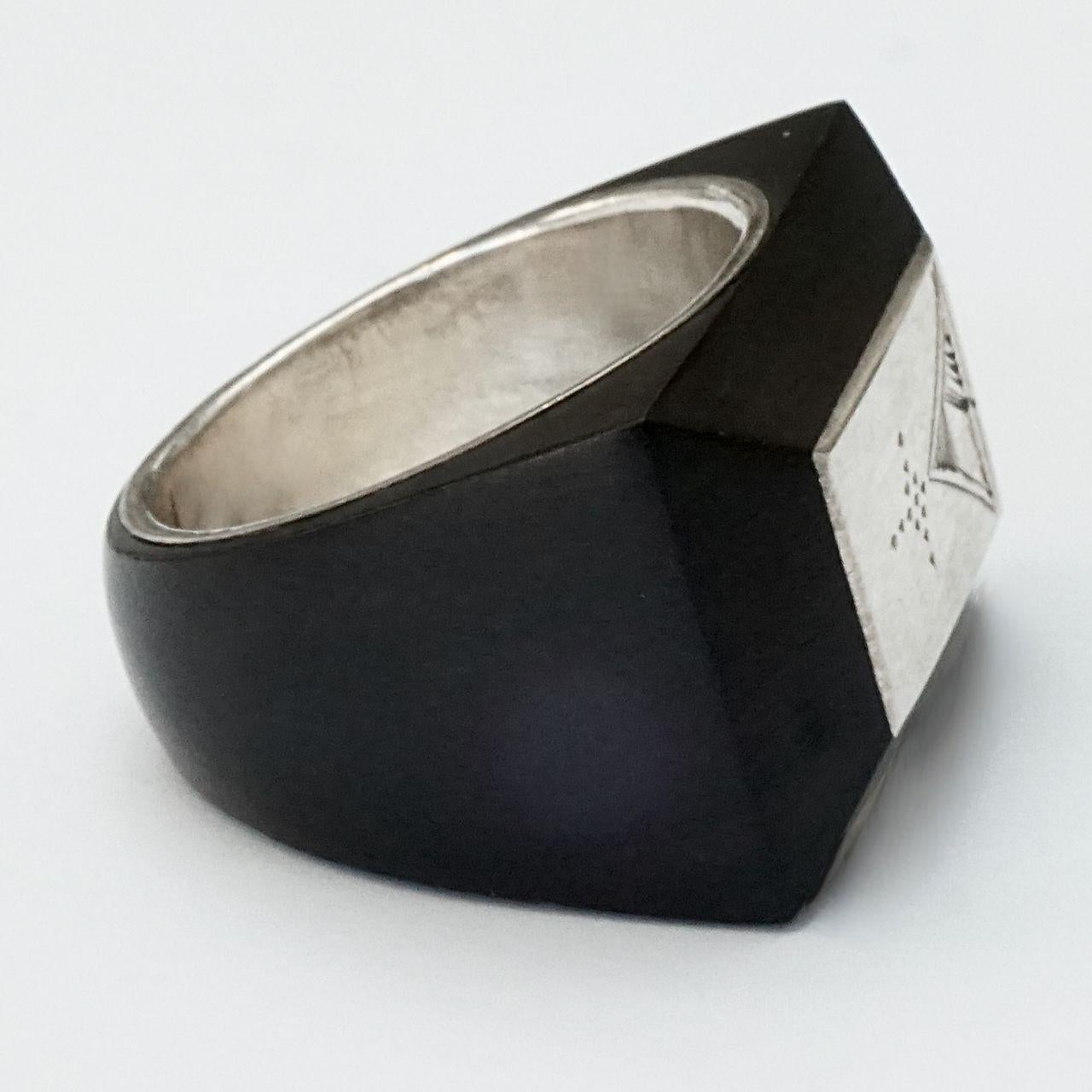Artisan Moroccan Tuareg Large Rectangular Silver and Ebony Tribal Ring For Sale