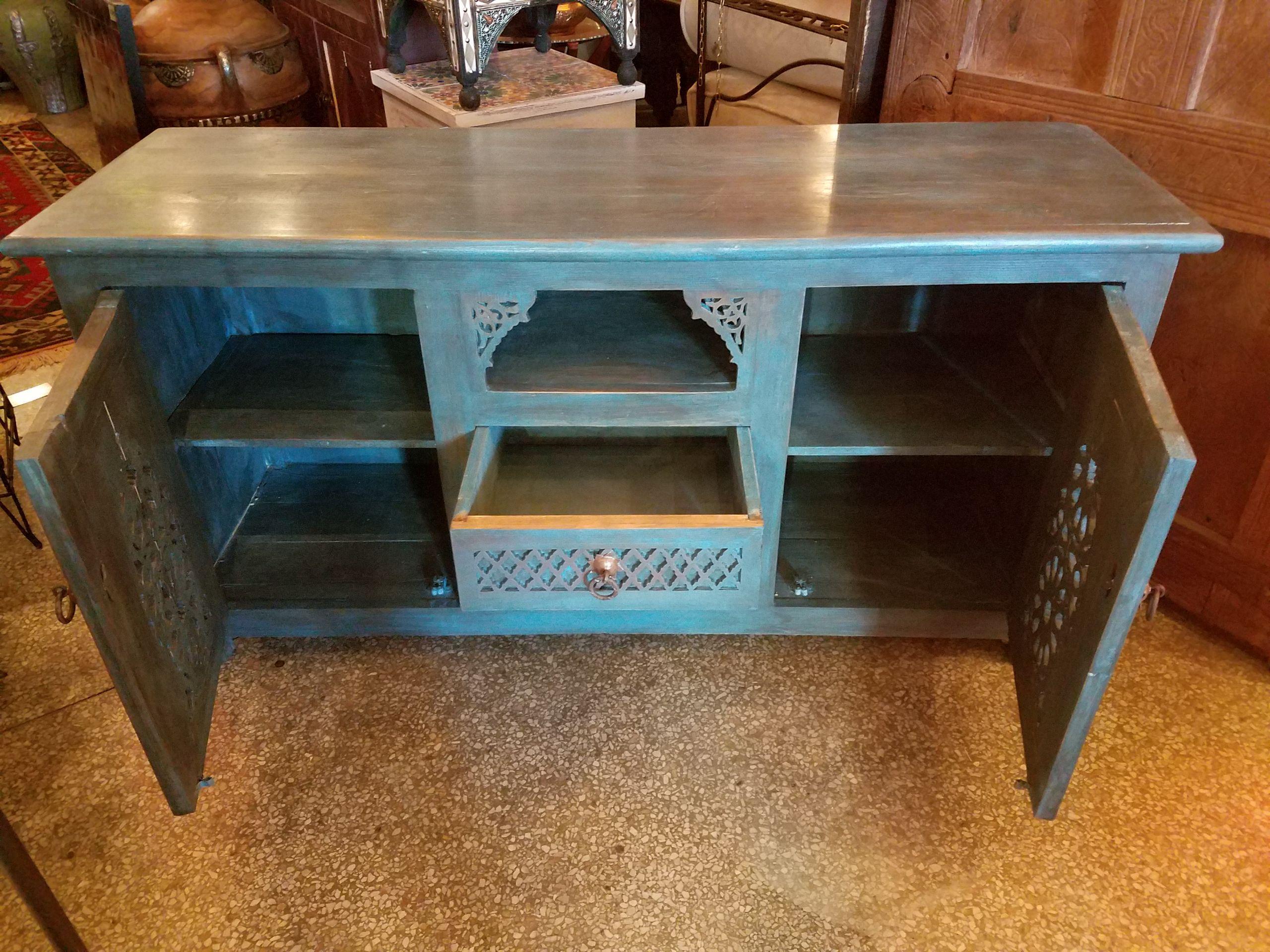 Moroccan Turquoise Media Stand, Cedar Wood In Excellent Condition For Sale In Orlando, FL