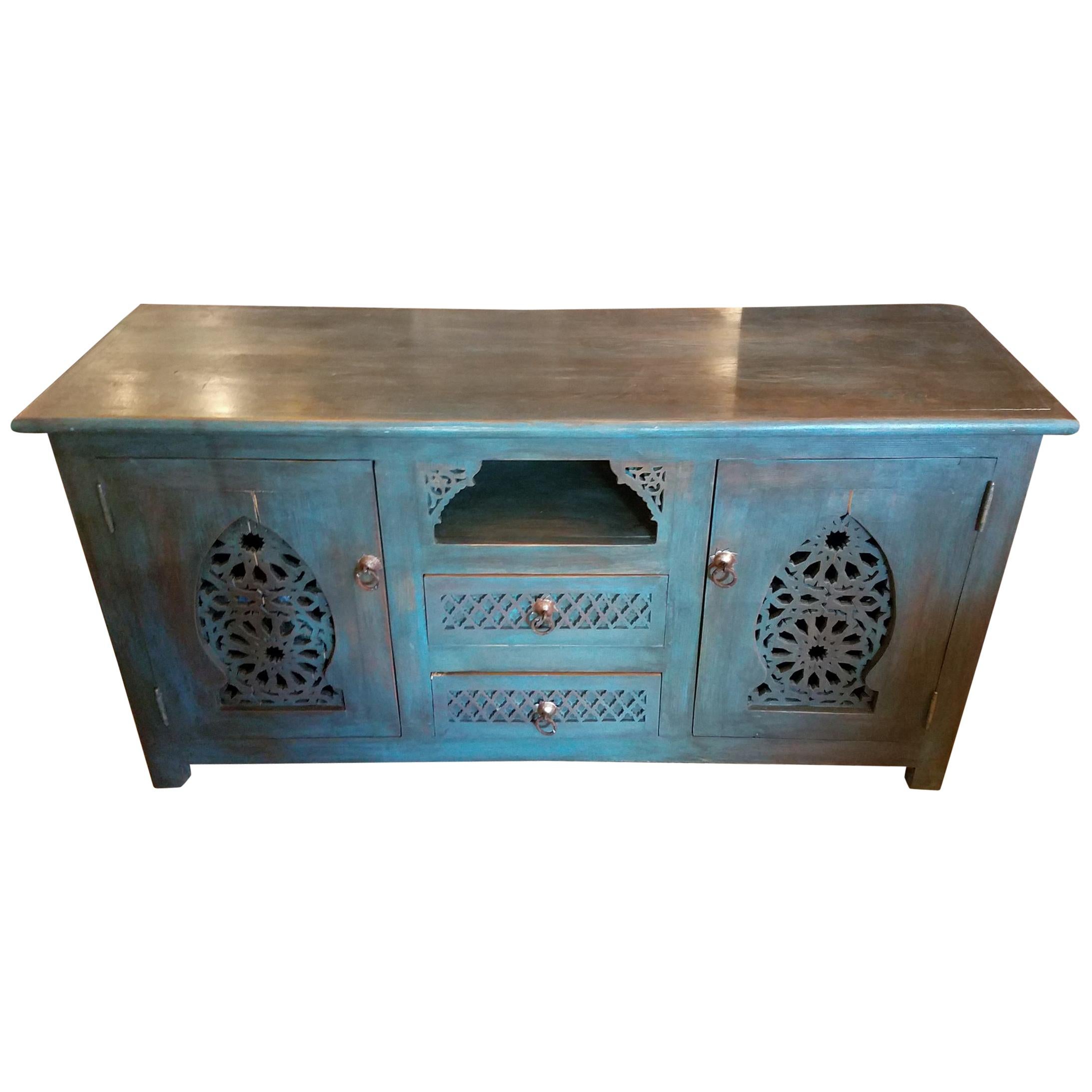 Moroccan Turquoise Media Stand, Cedar Wood For Sale
