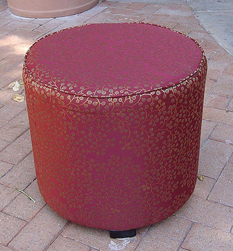 Moroccan fabric stool or ottoman, Moroccan pouf upholstered with a very nice red and gold fabric. Size: 18