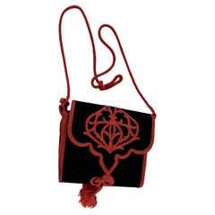 Moroccan Velvet Embroidered Crossbody Boho Bag 1960s Black and Red