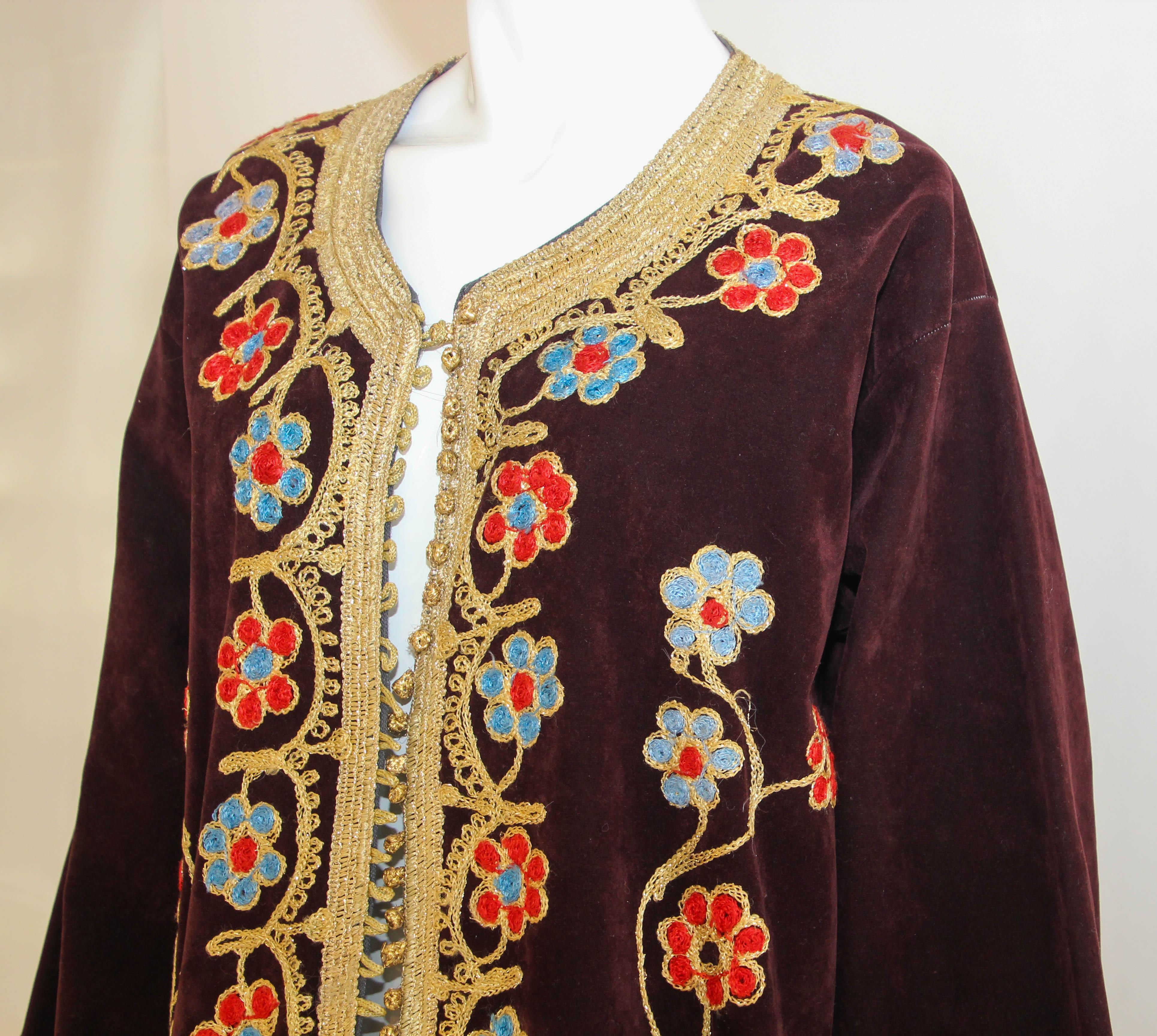 Women's or Men's 1960s Moroccan Velvet Kaftan Embroidered Vintage Bohemian Caftan For Sale