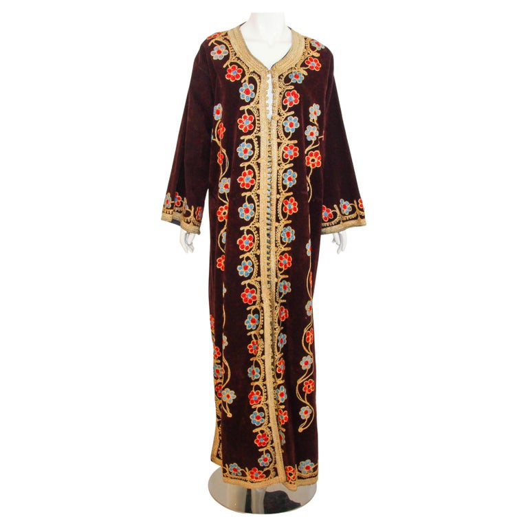 1960s Moroccan Velvet Kaftan Embroidered Vintage Bohemian Caftan