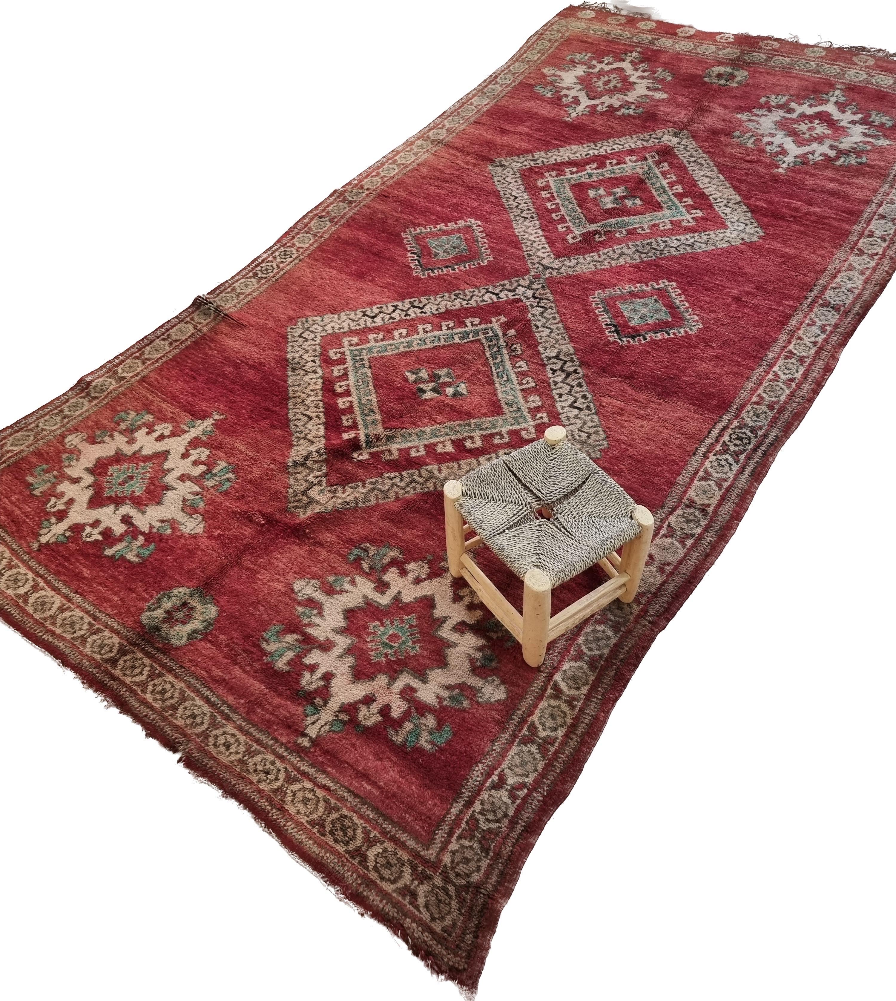 Rare vintage Moroccan Rug.
Every rug owns its unique identity. Having a one of a kind rug at home with a beautiful backstory represents a life filled with historic and meaningful backgrounds. Each and every one of our rugs take long hours to