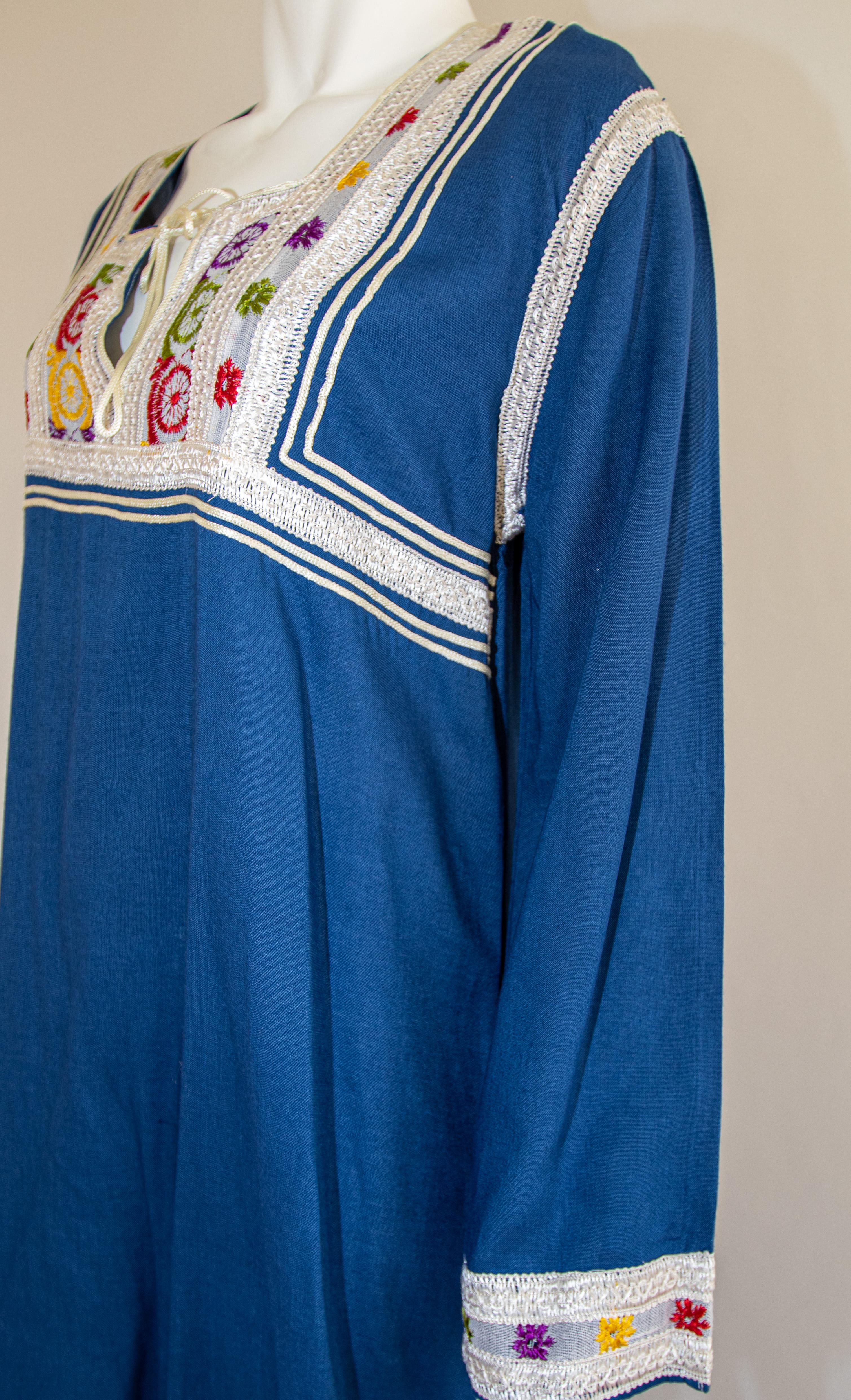 Moroccan Vintage Blue Caftan, 1970 Maxi Dress Kaftan by Glenn Boston Size M For Sale 1
