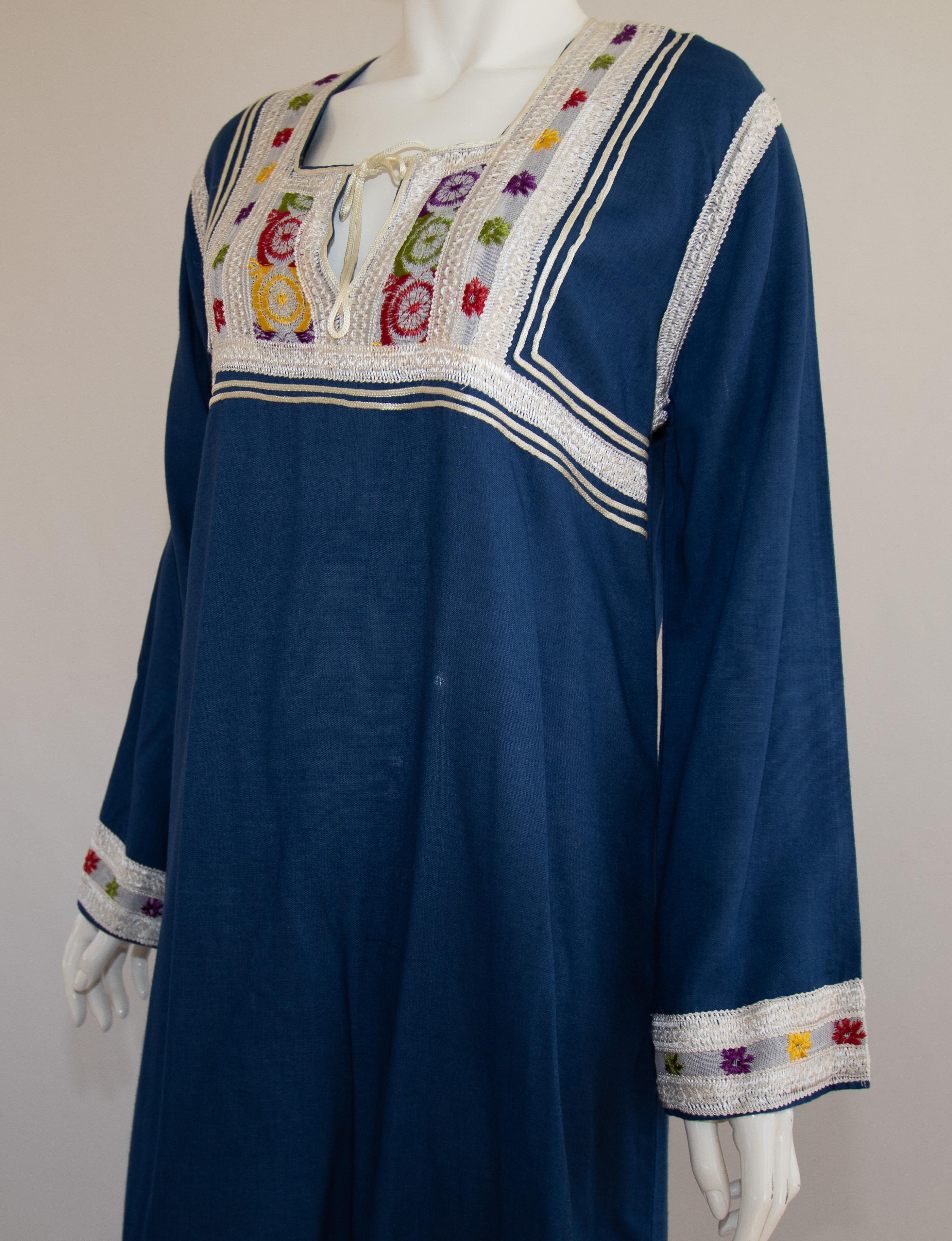 Moroccan Vintage Blue Caftan, 1970 Maxi Dress Kaftan by Glenn Boston Size M For Sale 4