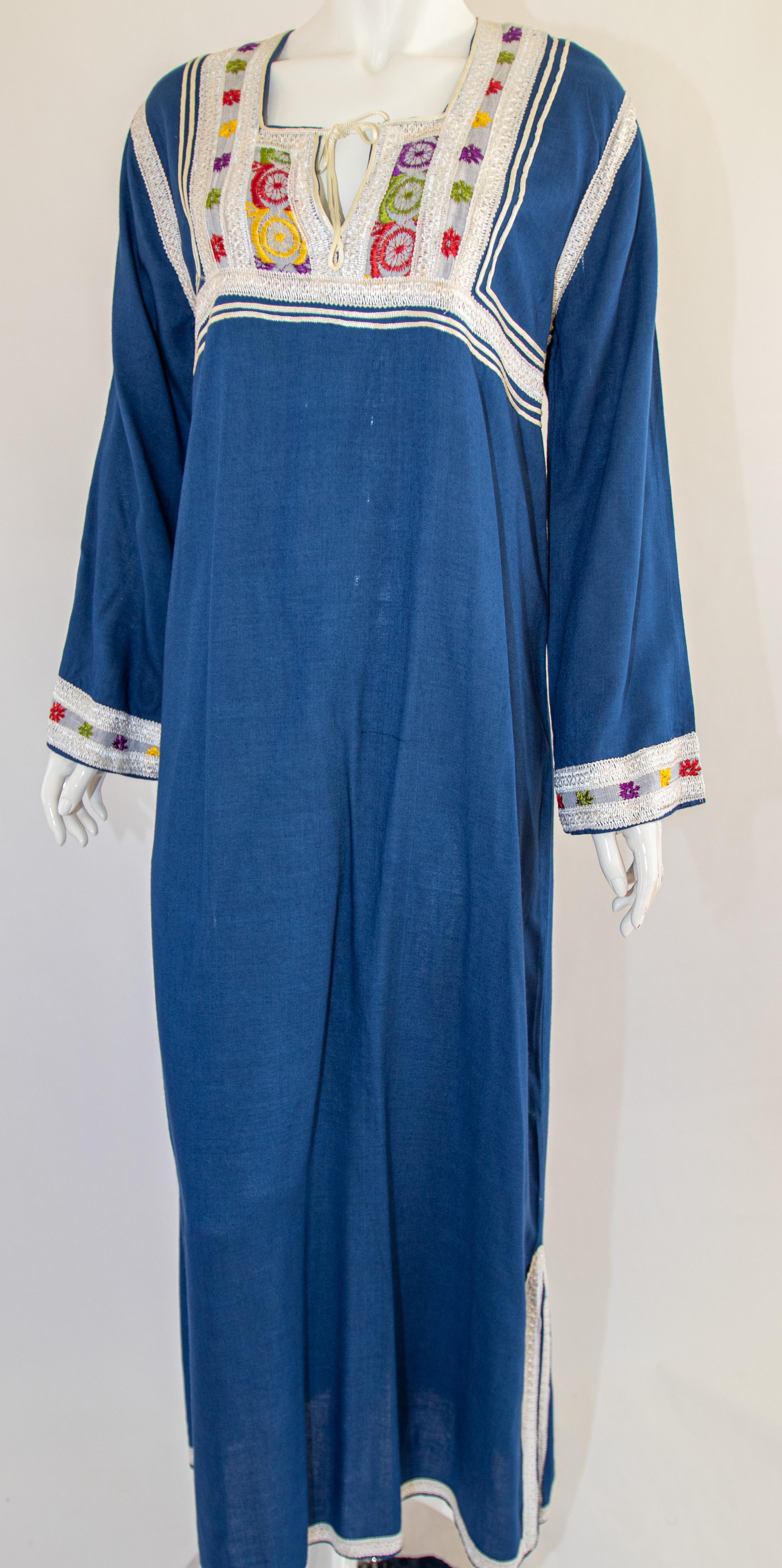 Moroccan Vintage Blue Caftan, 1970 Maxi Dress Kaftan by Glenn Boston Size M For Sale 6