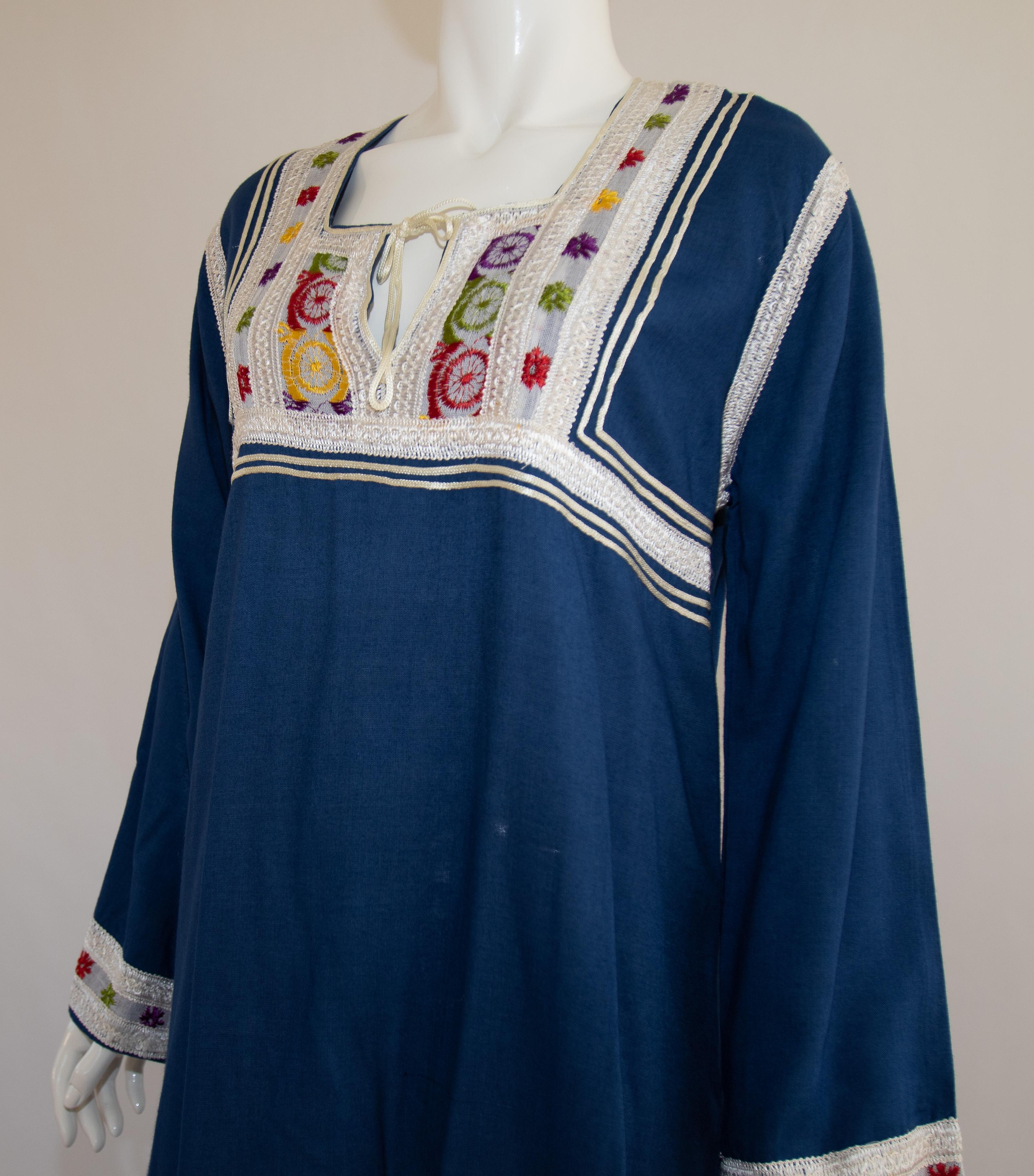 Women's or Men's Moroccan Vintage Blue Caftan, 1970 Maxi Dress Kaftan by Glenn Boston Size M For Sale