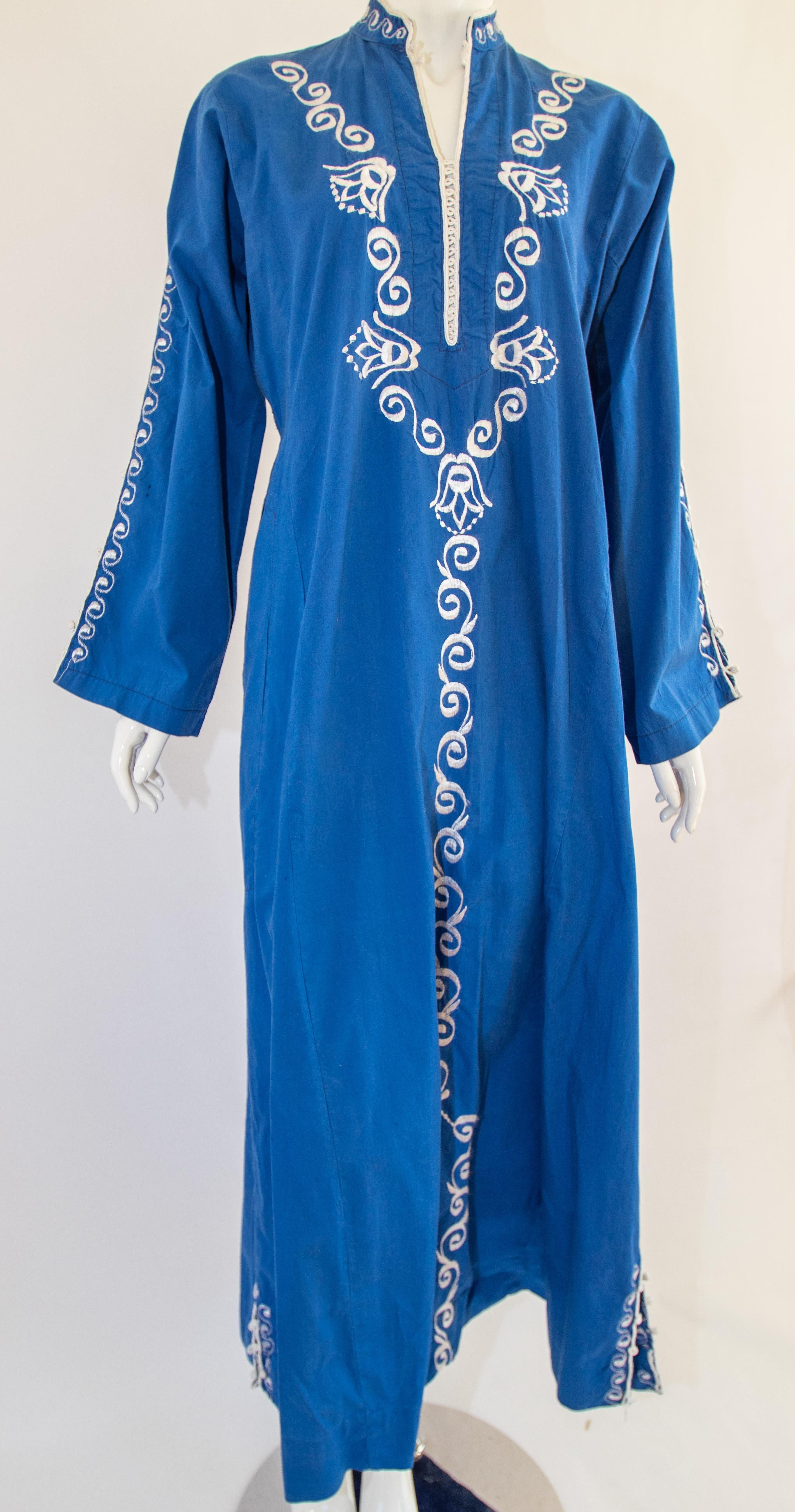 Women's Moroccan Vintage Blue Caftan, 1970 Maxi Dress Kaftan For Sale