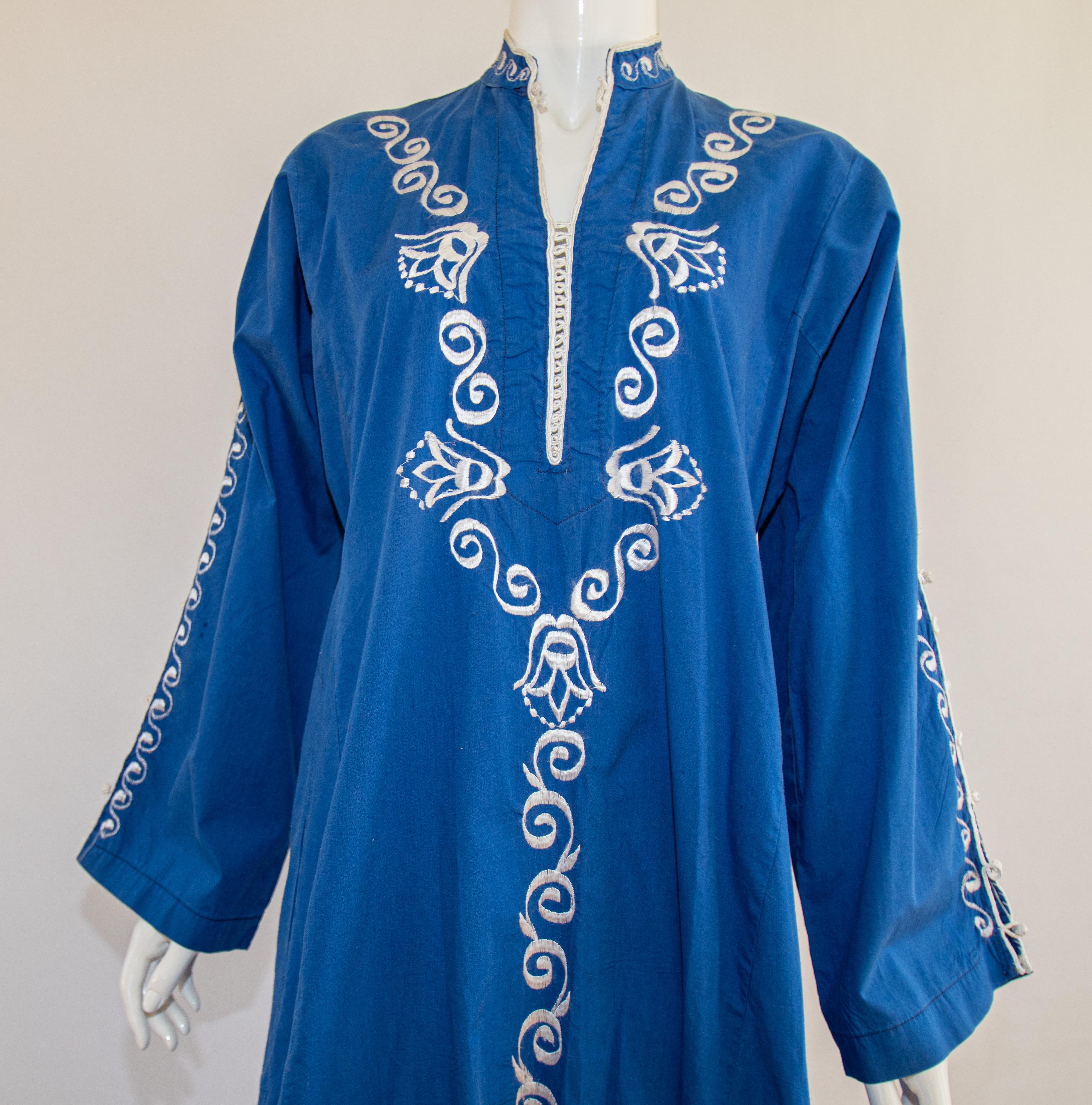 Moroccan Vintage Blue Caftan, 1970 Maxi Dress Kaftan For Sale 1