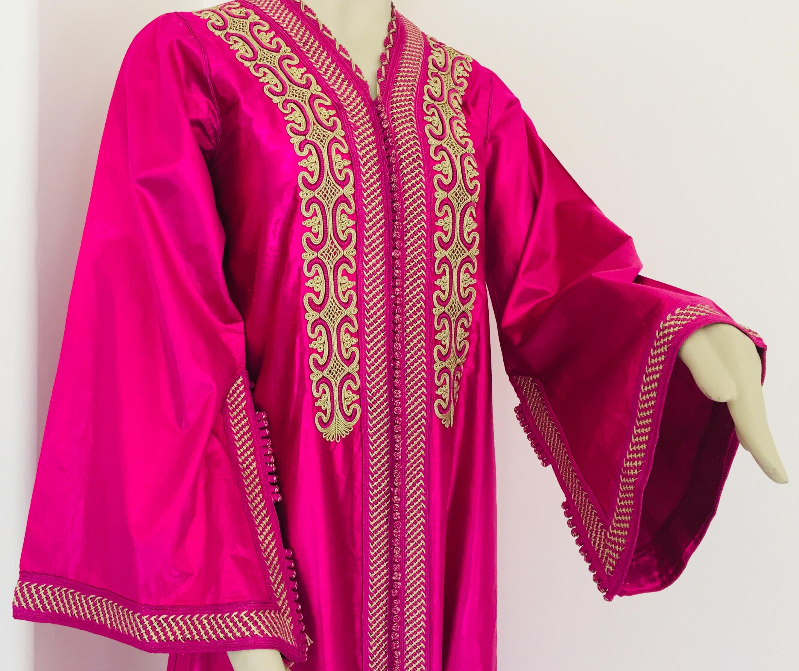 Bohemian Moroccan Vintage Caftan 1970s Kaftan Maxi Dress Hot Pink Fuchsia