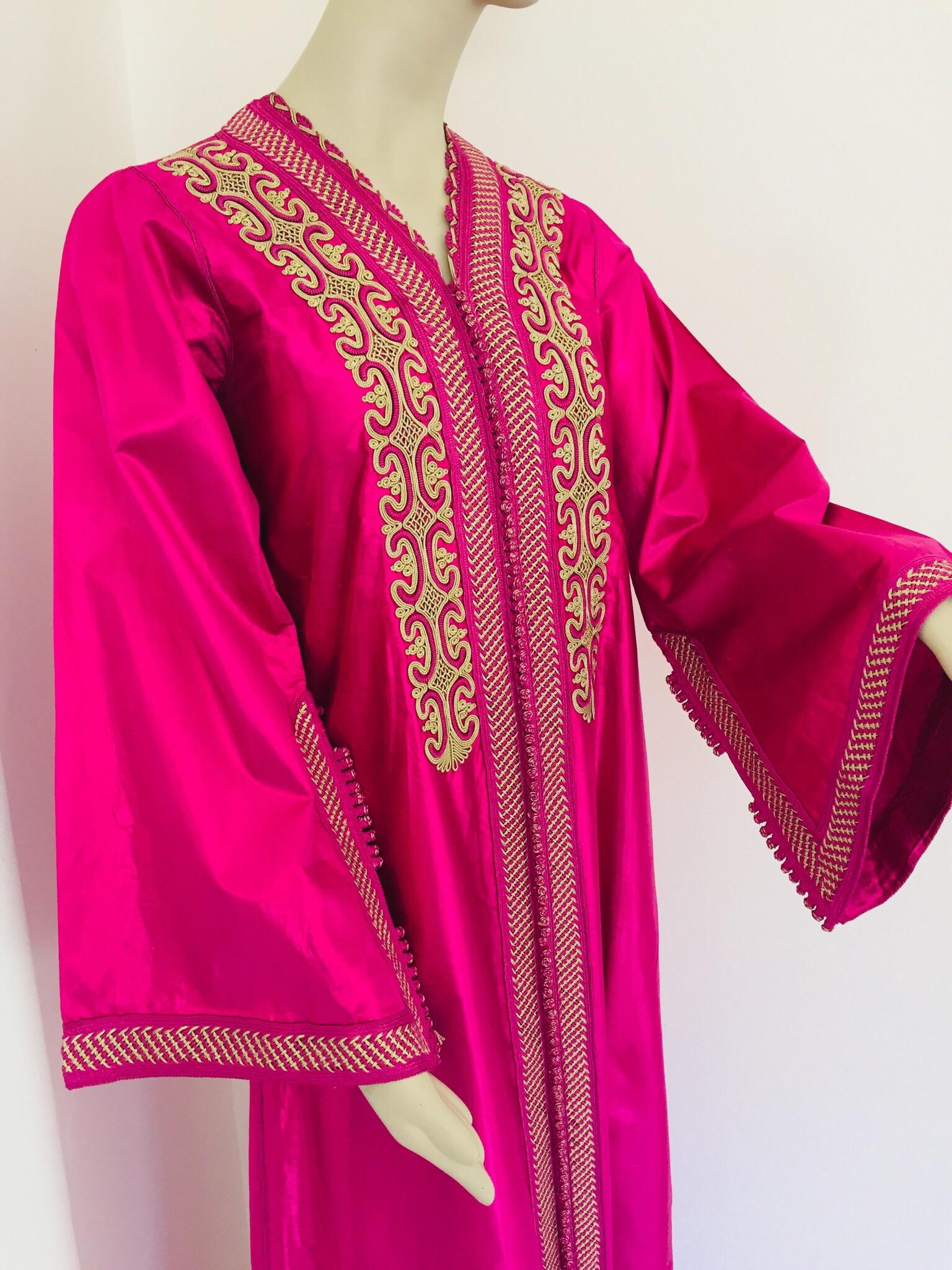 Hand-Crafted Moroccan Vintage Caftan 1970s Kaftan Maxi Dress Hot Pink Fuchsia