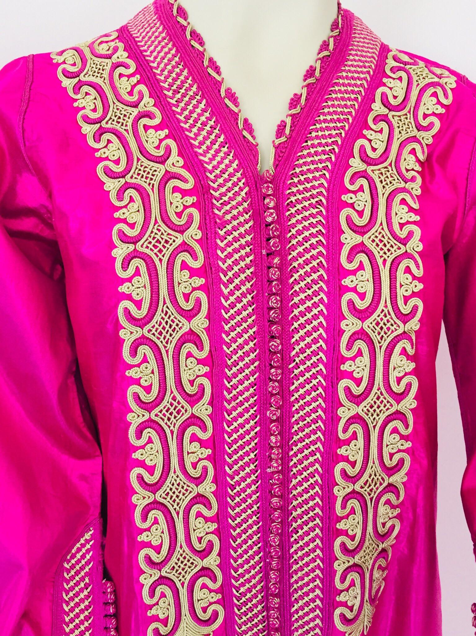 Silk Moroccan Vintage Caftan 1970s Kaftan Maxi Dress Hot Pink Fuchsia