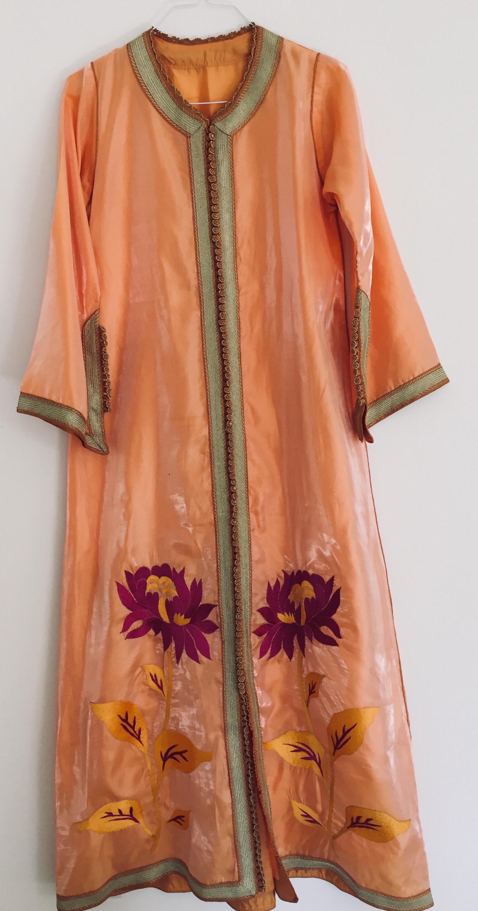 Moroccan Vintage Caftan 1970s Kaftan Maxi Dress Orange with Floral Embroideries 6