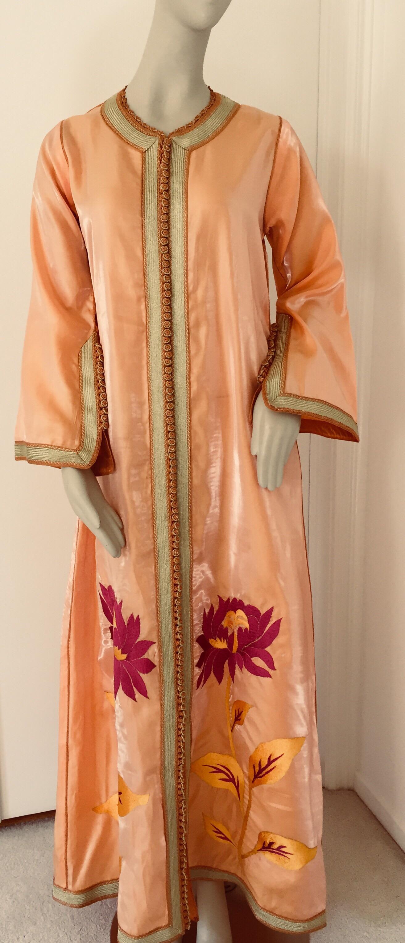 Bohemian Moroccan Vintage Caftan 1970s Kaftan Maxi Dress Orange with Floral Embroideries