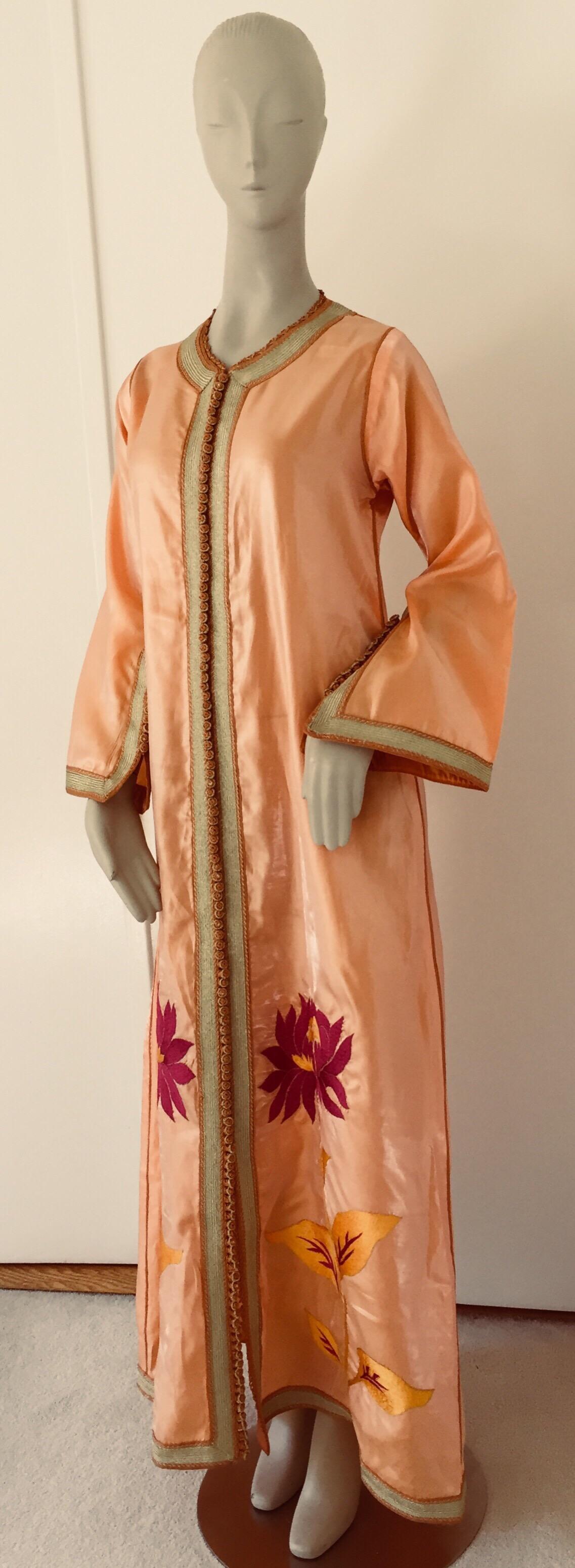 20th Century Moroccan Vintage Caftan 1970s Kaftan Maxi Dress Orange with Floral Embroideries