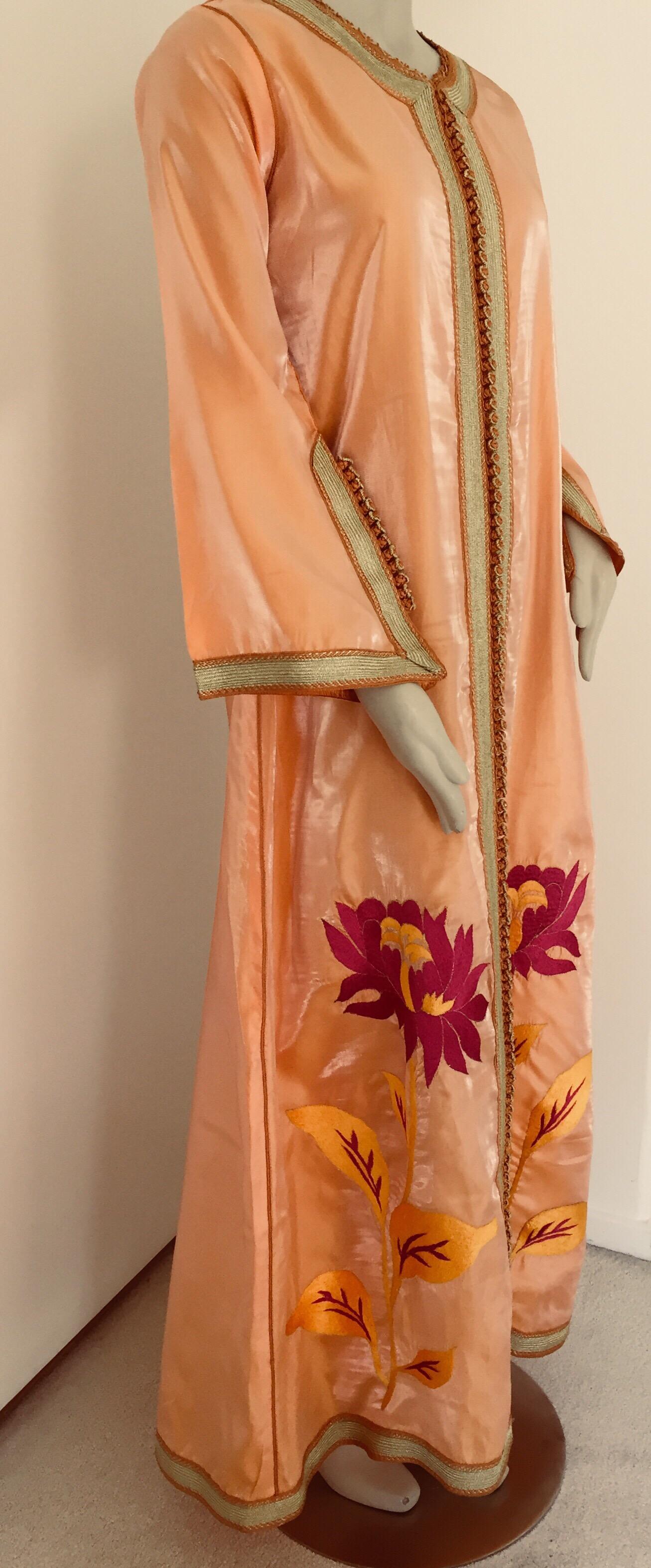 Moroccan Vintage Caftan 1970s Kaftan Maxi Dress Orange with Floral Embroideries 1