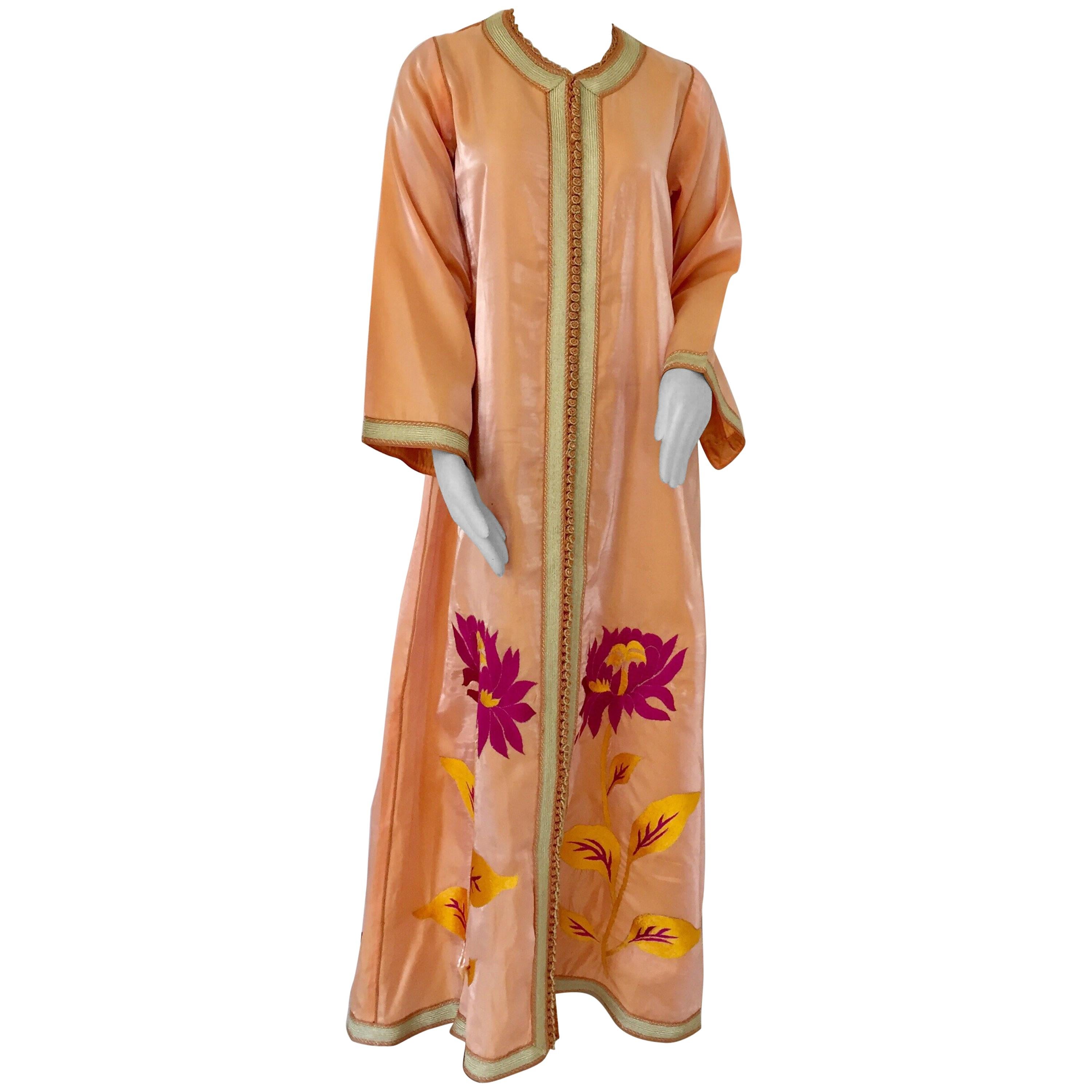 Moroccan Vintage Caftan 1970s Kaftan Maxi Dress Orange with Floral Embroideries