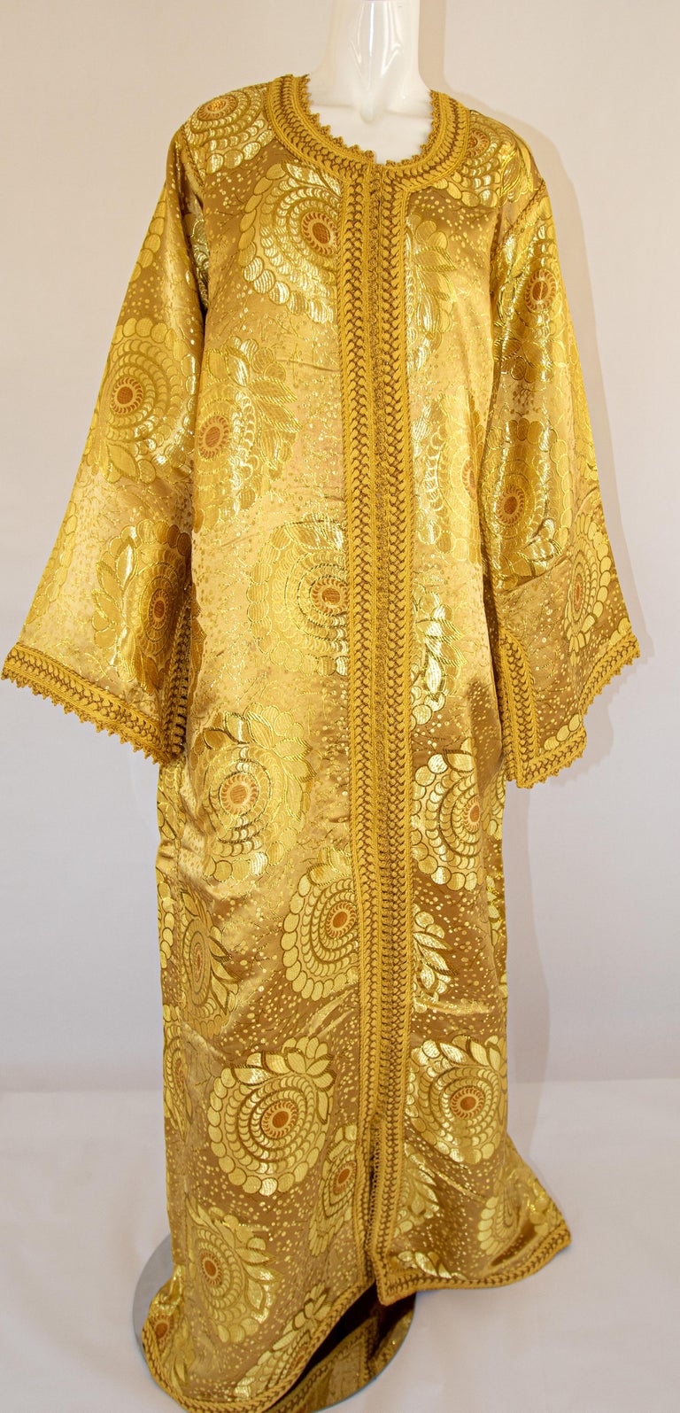 Moroccan Vintage Caftan Gown in Gold Brocade Maxi Dress Kaftan Size L