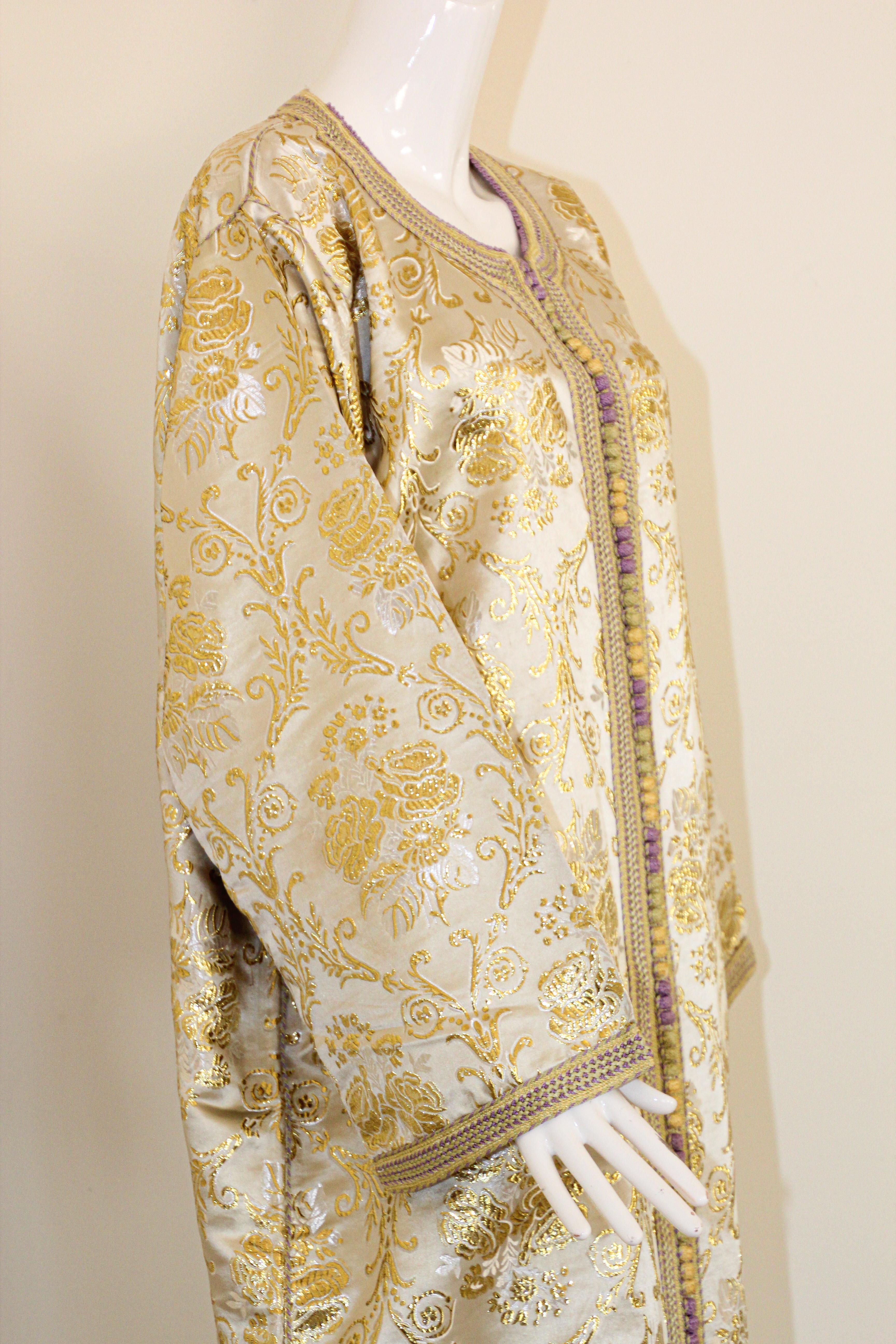 Moroccan Vintage Caftan in Gold Metallic Brocade, Maxi Gown Dress Kaftan For Sale 3
