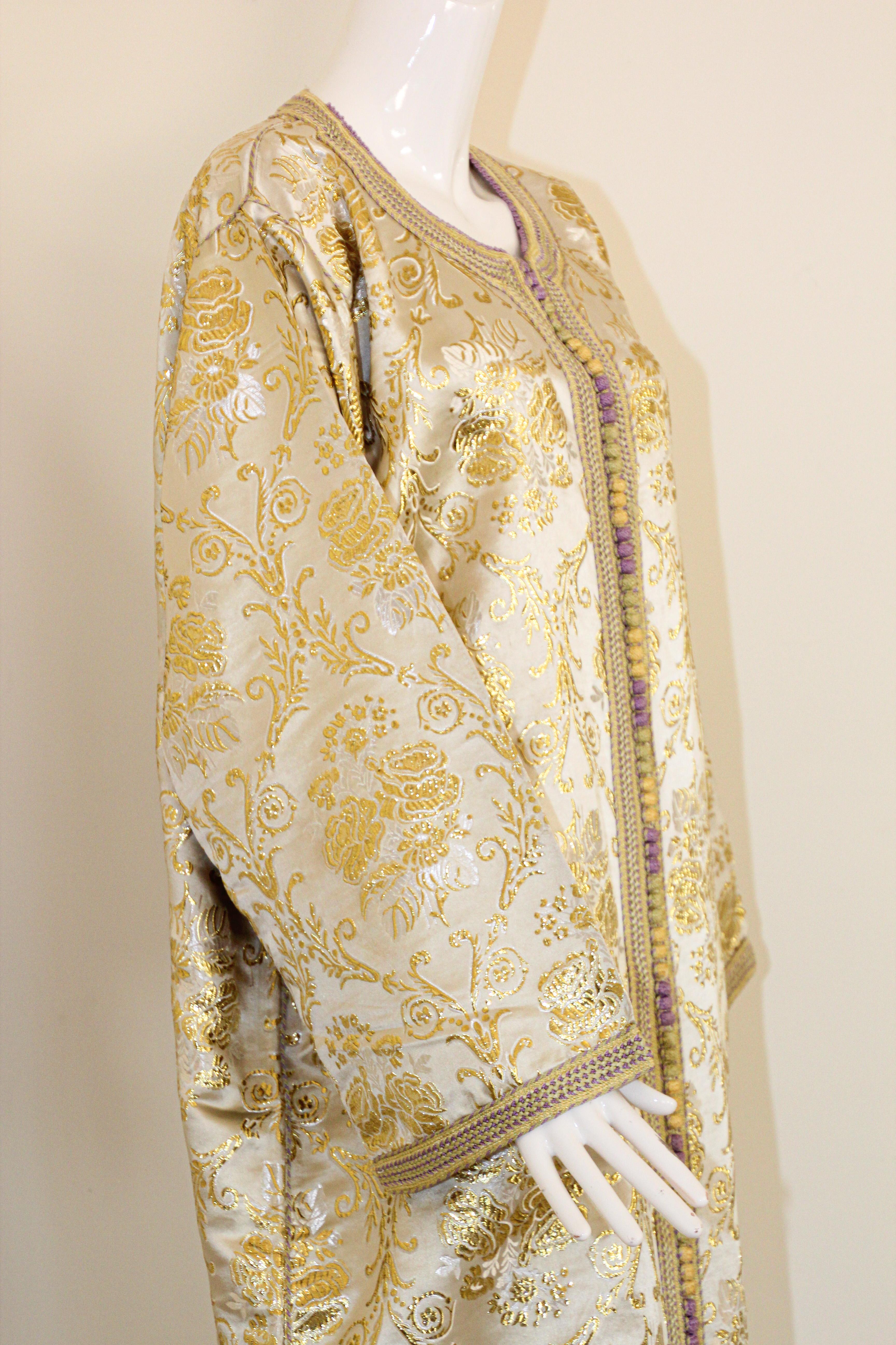 Moroccan Vintage Caftan in Gold Metallic Brocade, Maxi Gown Dress Kaftan For Sale 1