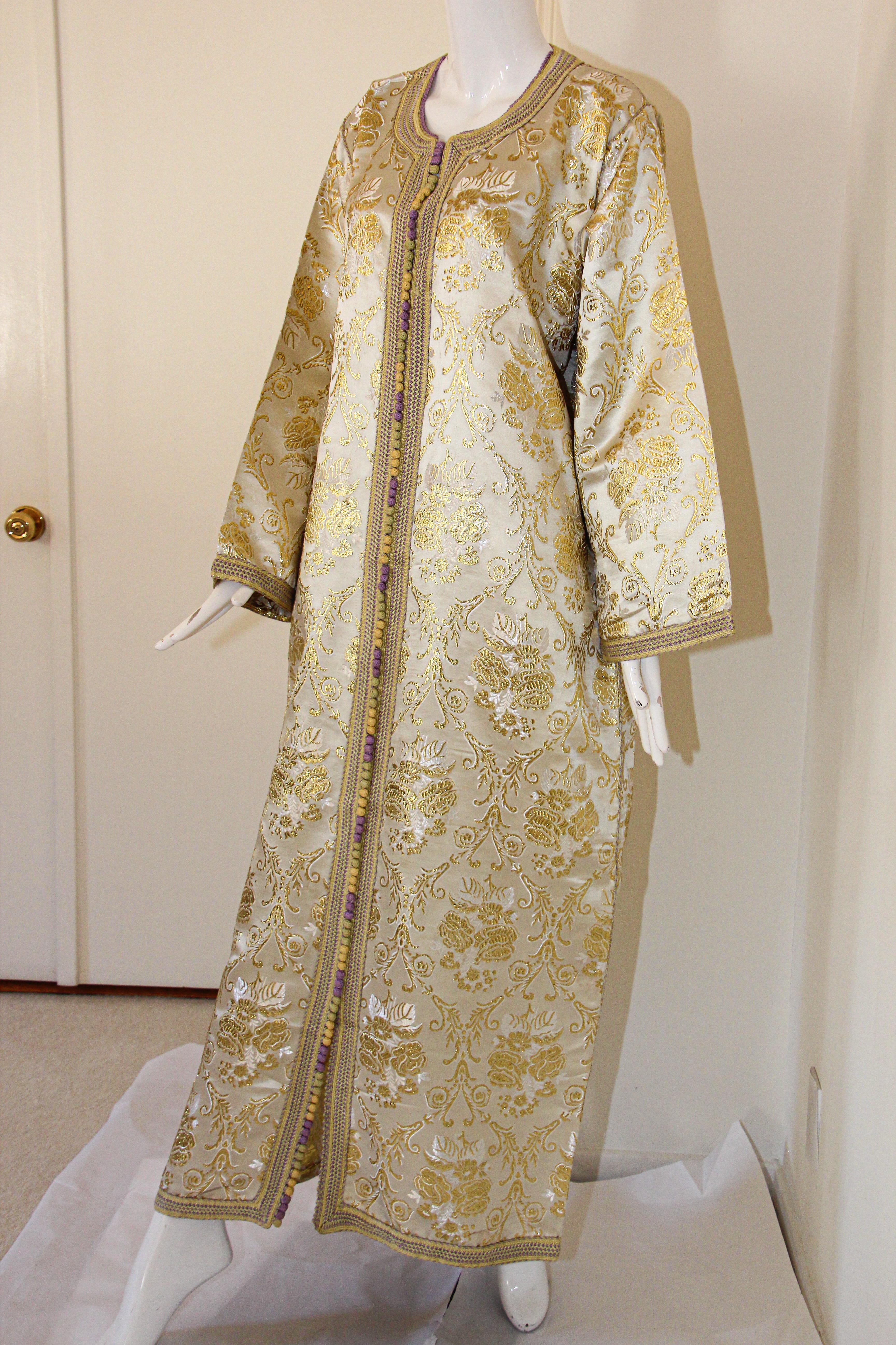 Moroccan Vintage Caftan in Gold Metallic Brocade, Maxi Gown Dress Kaftan For Sale 4