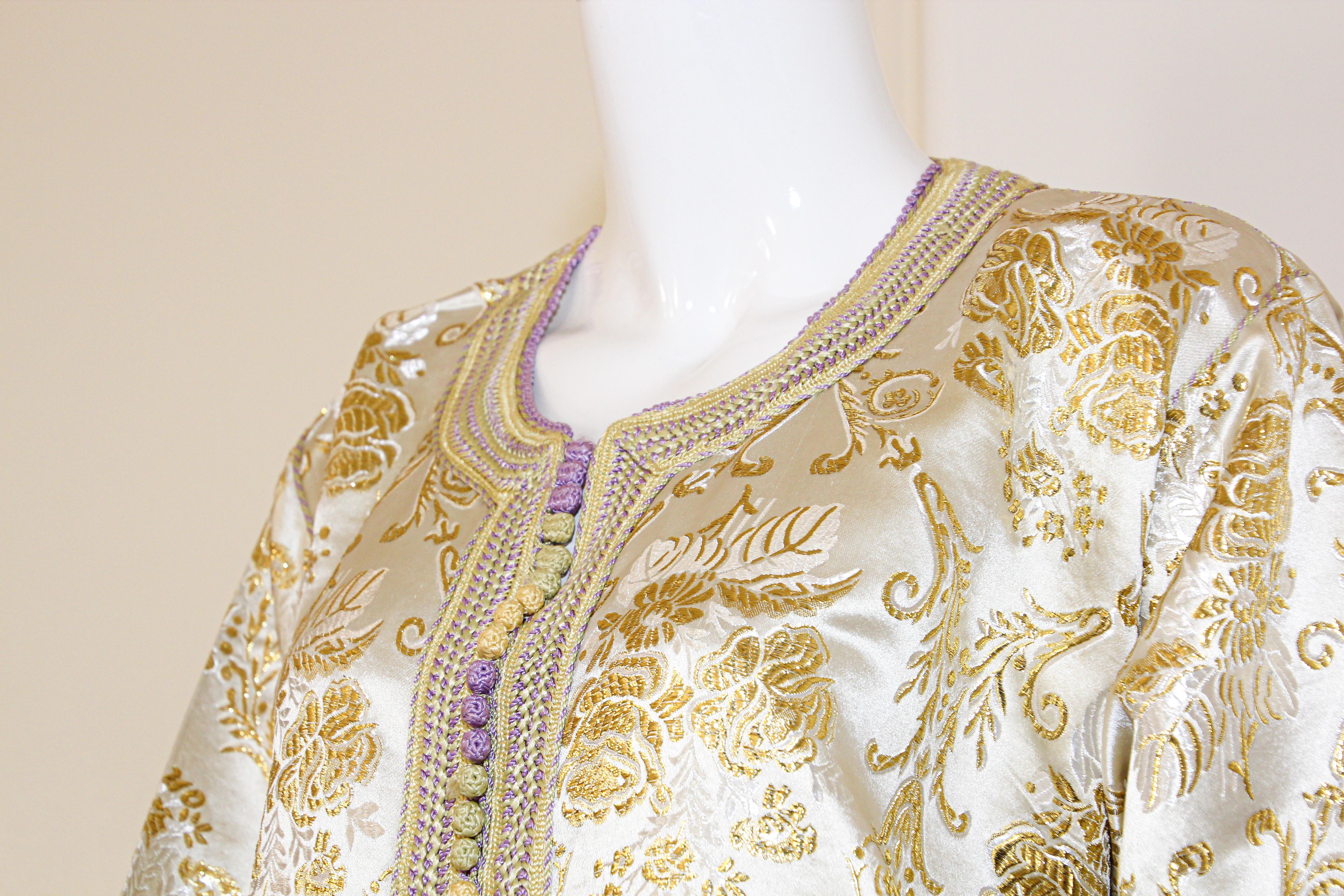 Moroccan Vintage Caftan in Gold Metallic Brocade, Maxi Gown Dress Kaftan For Sale 6
