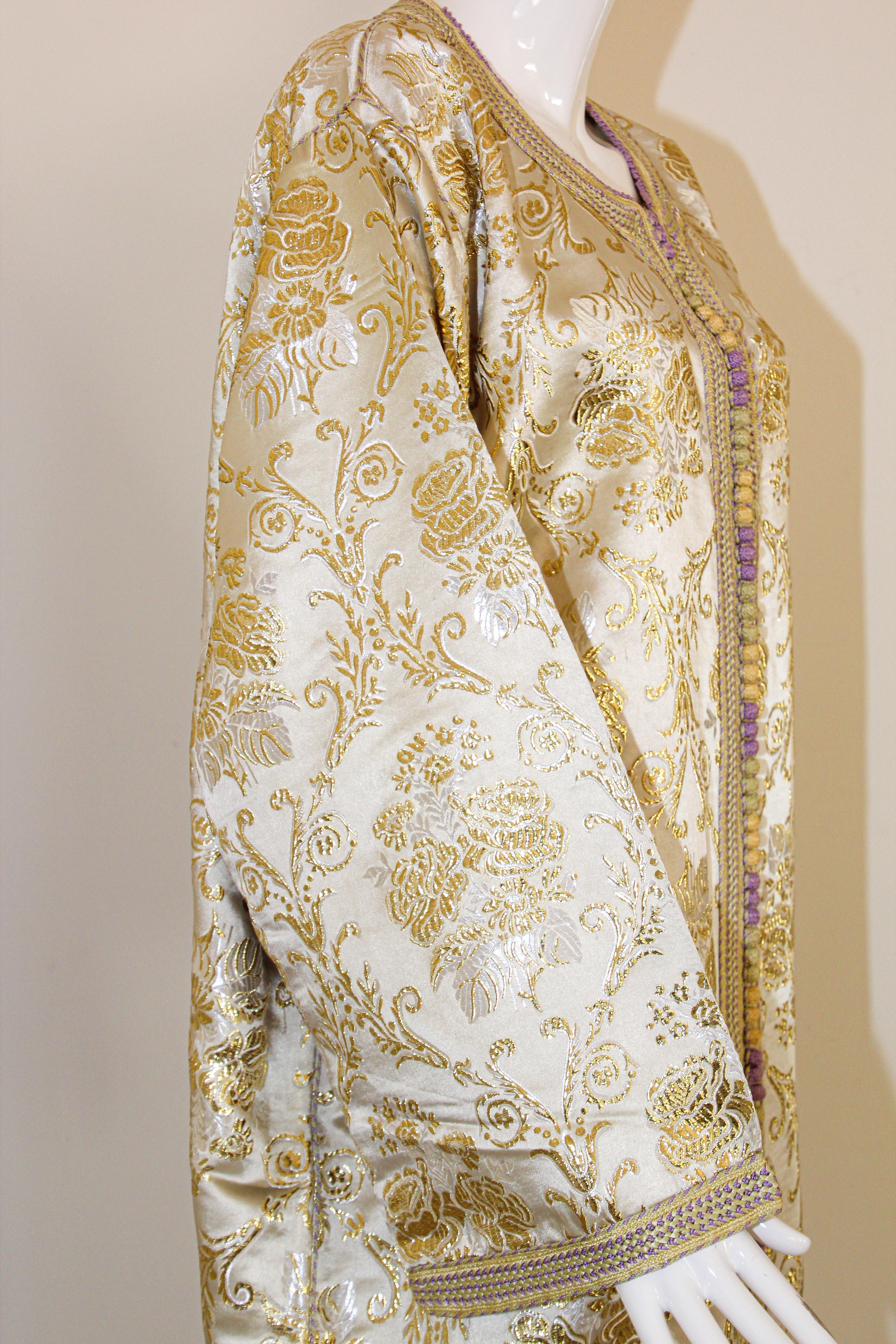 Moroccan Vintage Caftan in Gold Metallic Brocade, Maxi Gown Dress Kaftan For Sale 8
