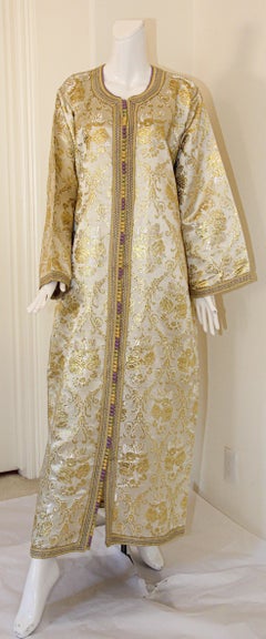 Moroccan Vintage Caftan in Gold Metallic Brocade, Maxi Gown Dress Kaftan