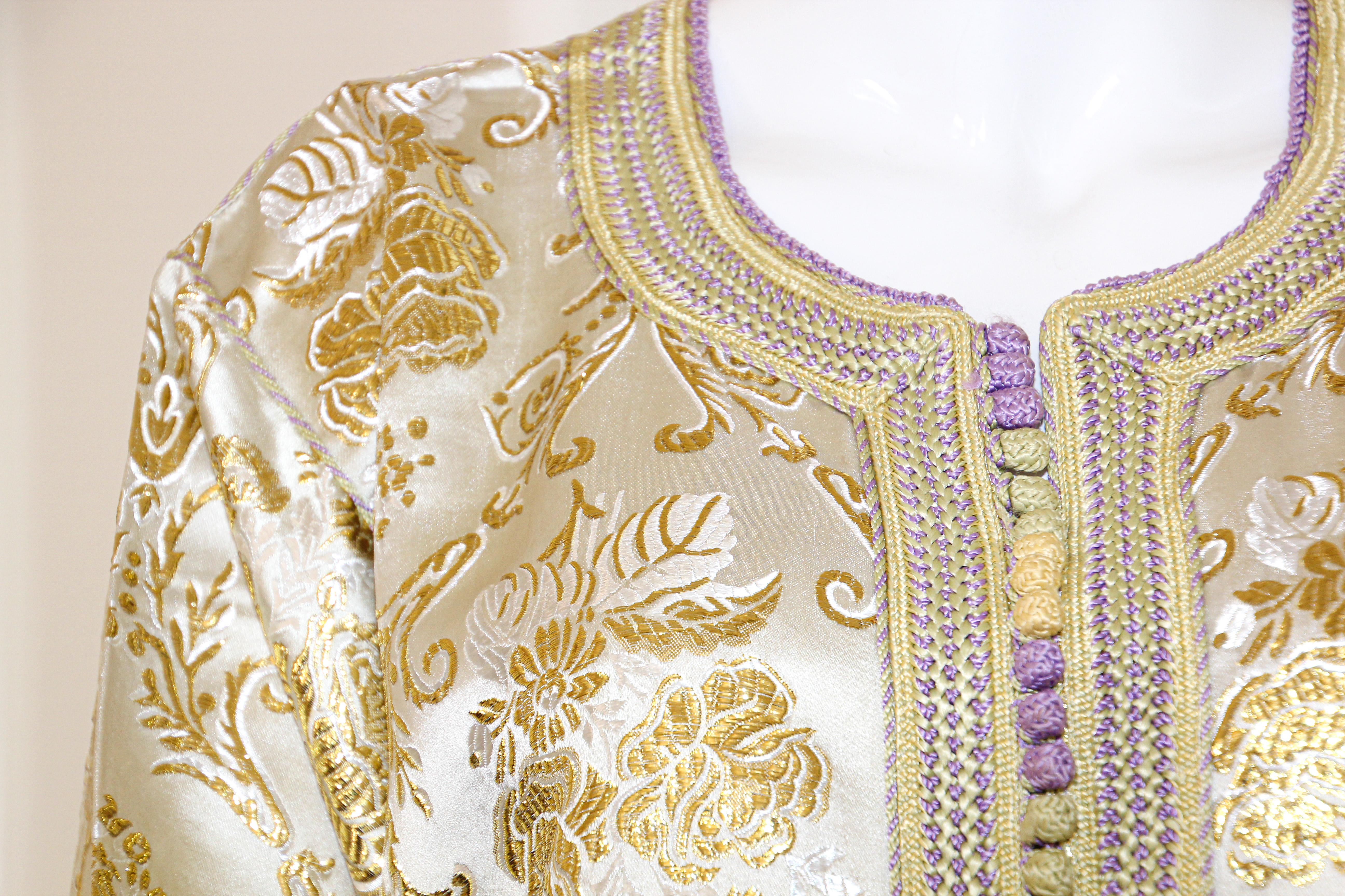 Moorish Moroccan Vintage Caftan in Gold Metallic Brocade, Maxi Gown Dress Kaftan For Sale