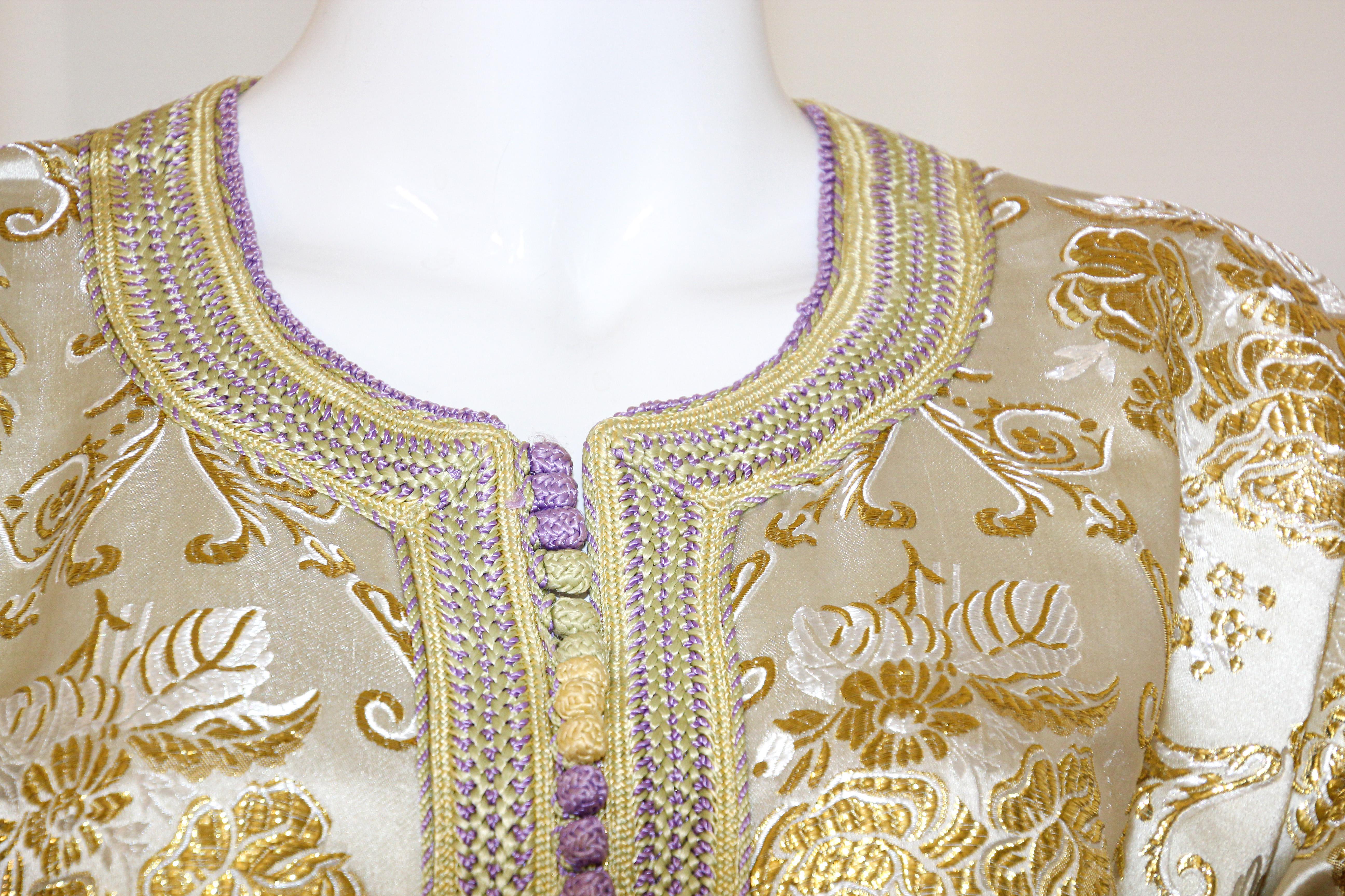Women's or Men's Moroccan Vintage Caftan in Gold Metallic Brocade, Maxi Gown Dress Kaftan For Sale