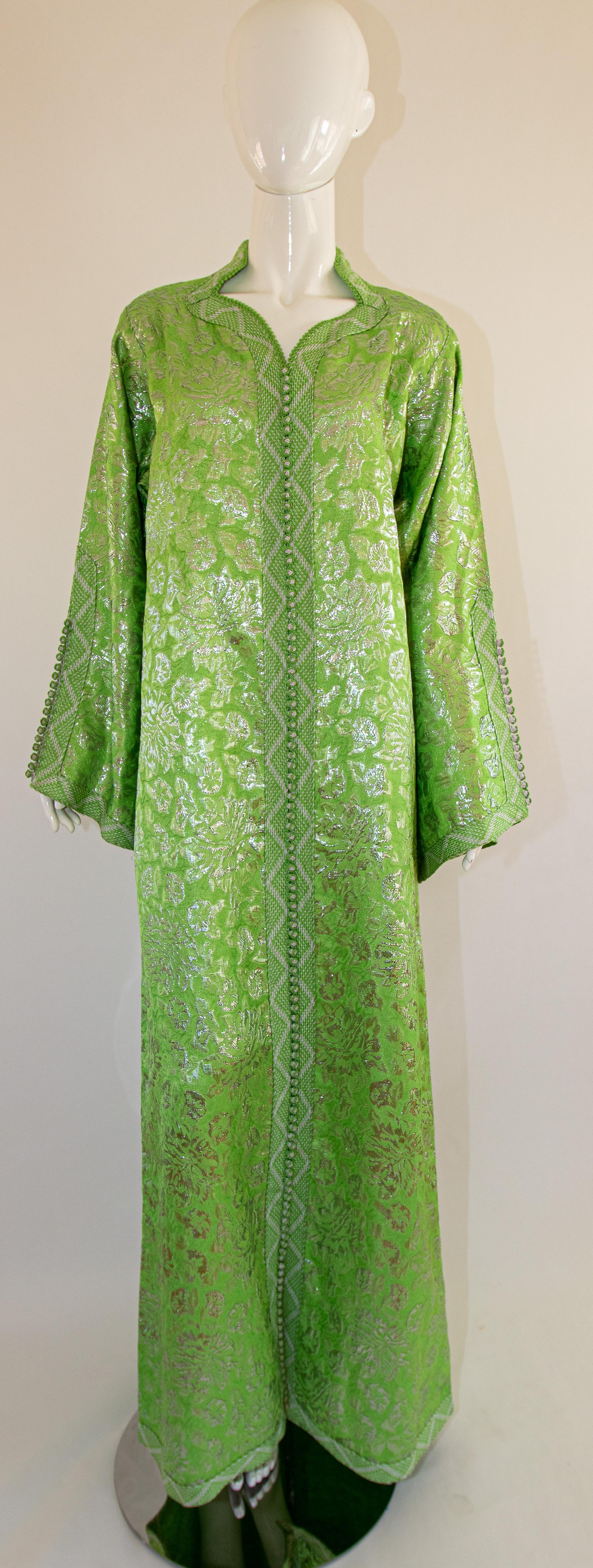 Elegant Moroccan caftan lime green and silver lame metallic brocade,
This is an exceptional example of Moroccan fashion design dating to the 1970s, 
Handcrafted in Morocco and tailored for a relaxed fit with wide sleeves, It is made in the