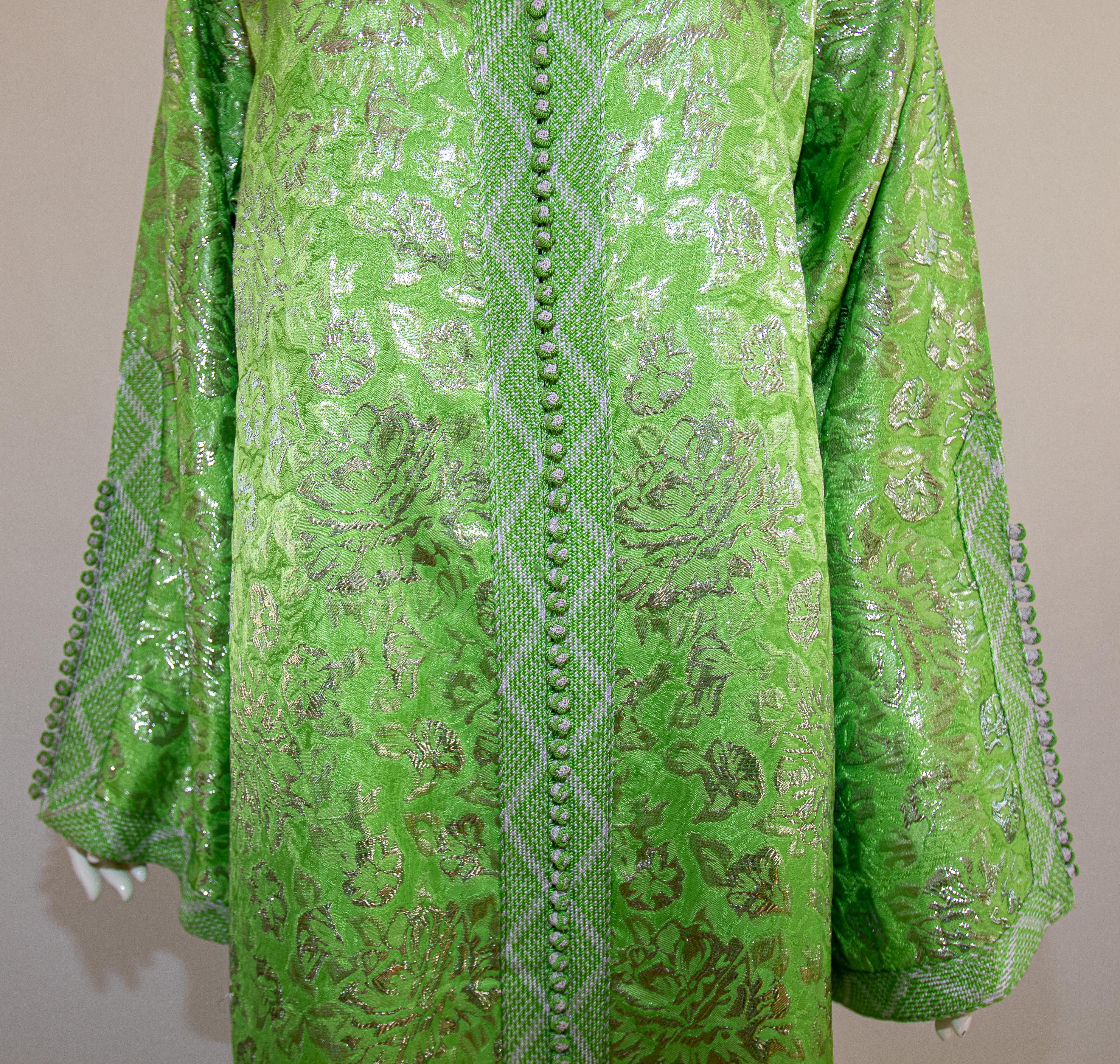 Moroccan Vintage Caftan Lime Green and Silver Metallic Brocade In Good Condition In North Hollywood, CA