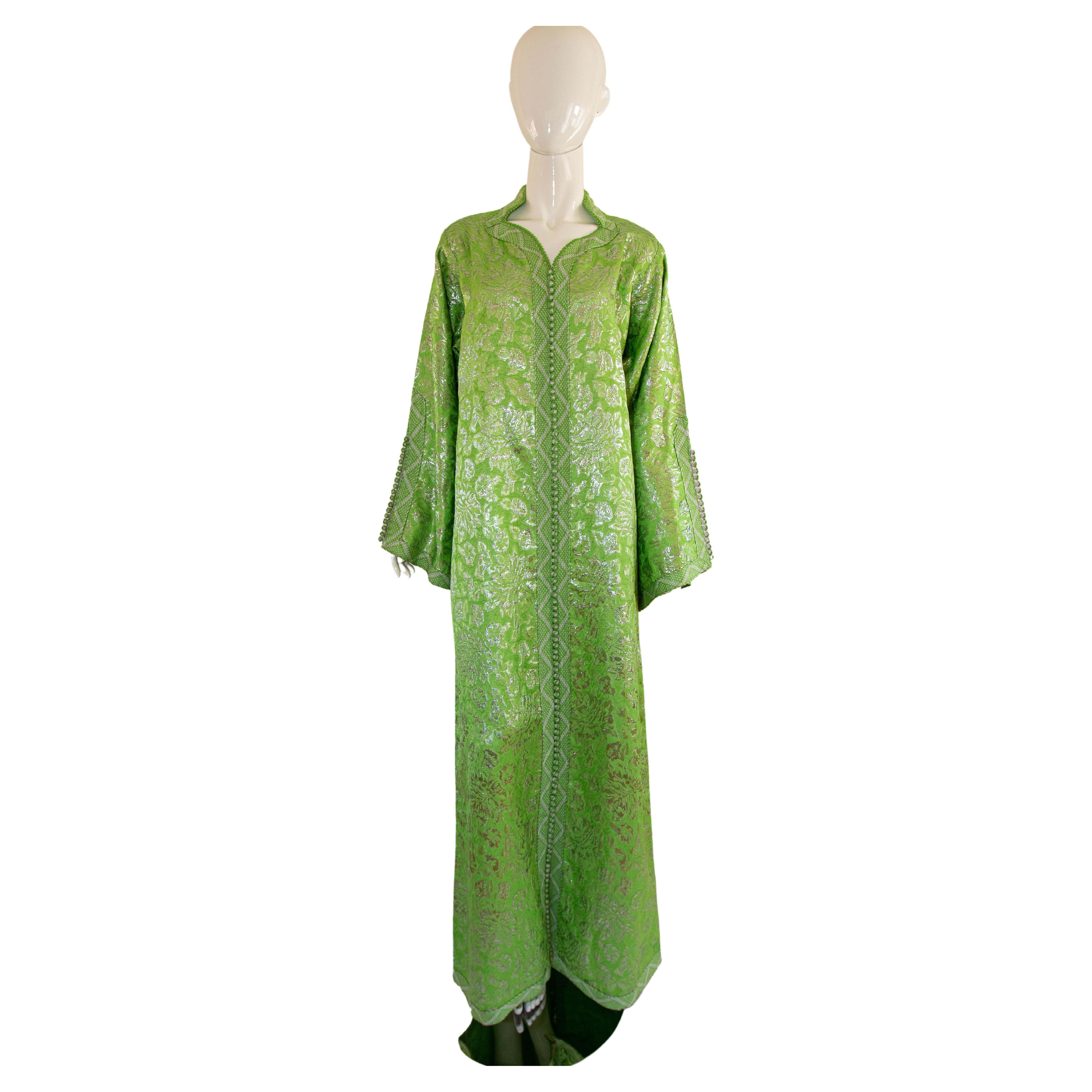 1960's Emerald Green Floral Print Linen Dress with Sequin and Beaded ...