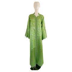 Moroccan Used Caftan Lime Green and Silver Metallic Brocade